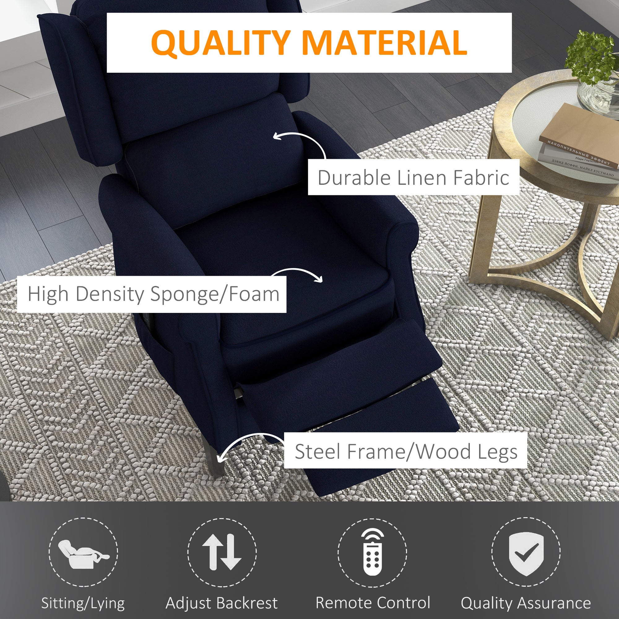 Push Back Recliner Chair, Vibration Massage Recliner for Living Room with Extendable Footrest, Remote, Pocket, Blue Single Sofas at Gallery Canada