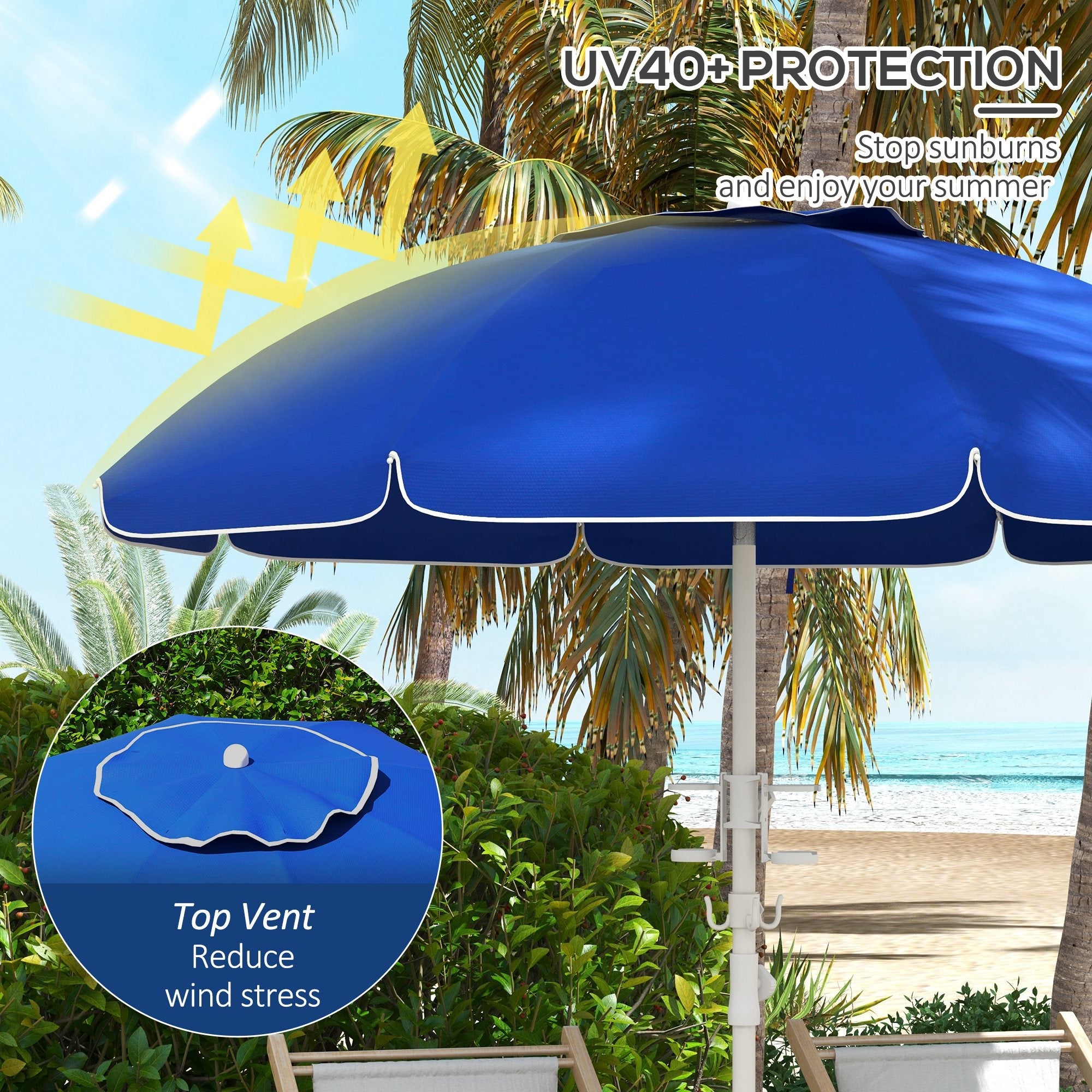 5.7' Beach Umbrella for Travel with Tilt, Adjustable Height, 2 Cup Holders, Hook, Vent, Ruffles, Sapphire Blue Beach Umbrellas   at Gallery Canada