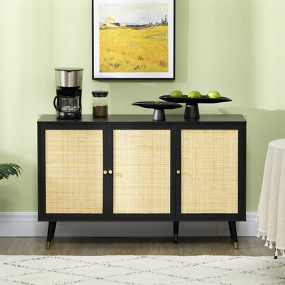 Boho Kitchen Sideboard, Rattan Door Buffet Cabinet with Storage Shelves and Wood Legs, Black Bar Cabinets   at Gallery Canada