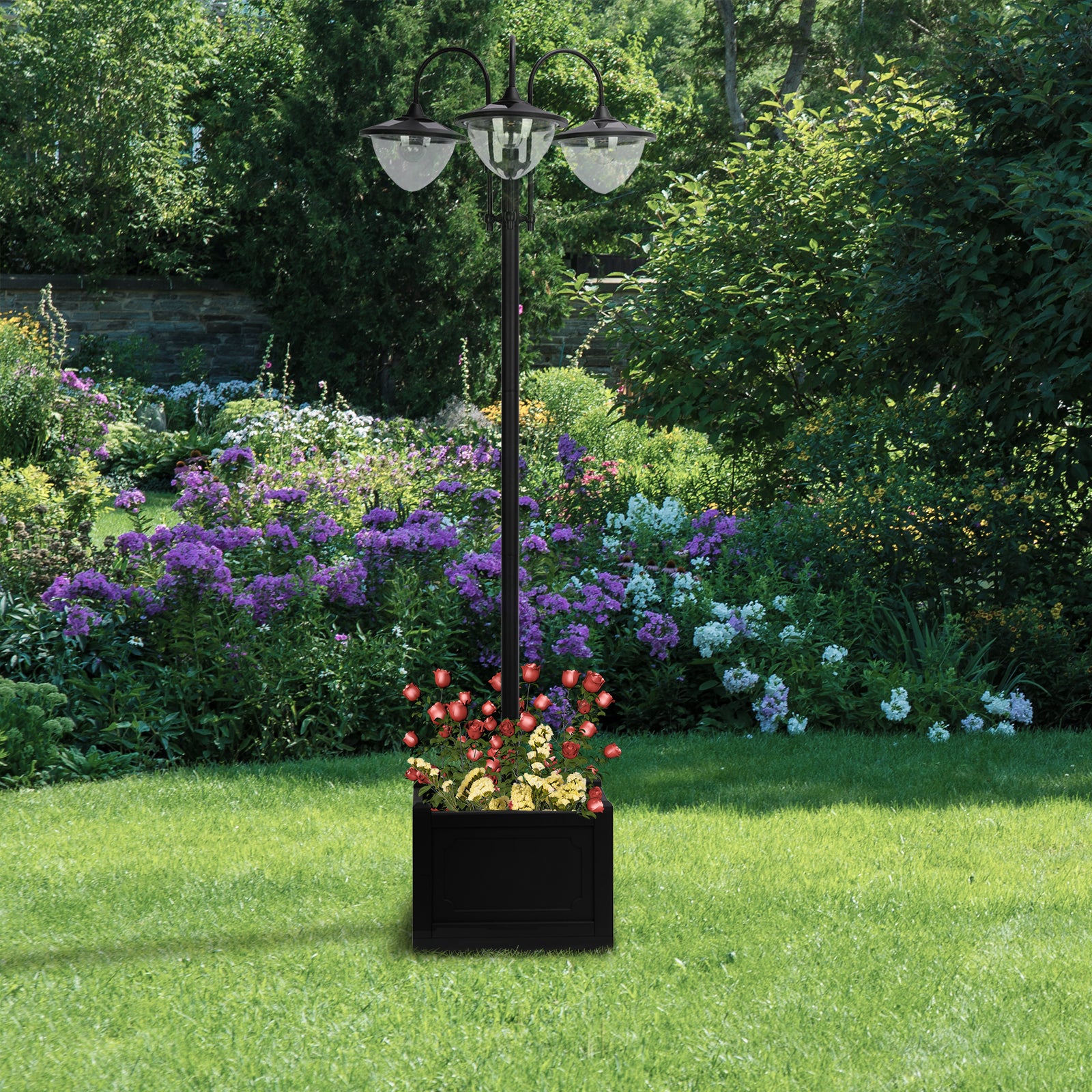 3-head LED Solar Light Lamp Street Light Post with Planter, Solar-powered Lamp Post, Black Solar Post Lamps at Gallery Canada