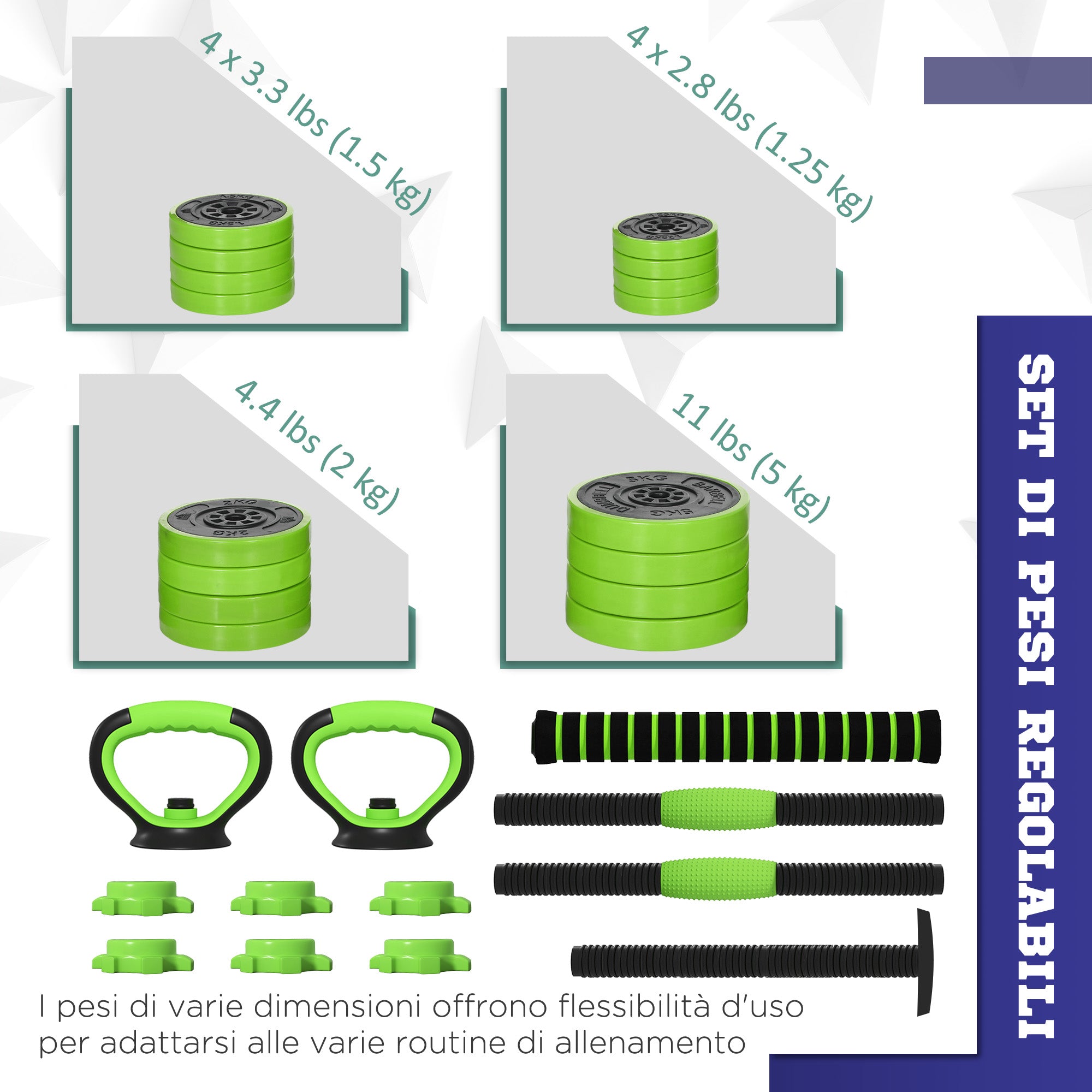 88lbs 4-in-1 Adjustable Weight Dumbbell Set, Barbell, Kettlebell, Push Up Stand, Green Dumbbells & Barbells at Gallery Canada