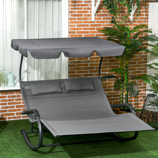 Adjustable Canopy Outdoor Chaise Lounger for Two with Wheels and Pillows, Dark Gray Daybeds   at Gallery Canada