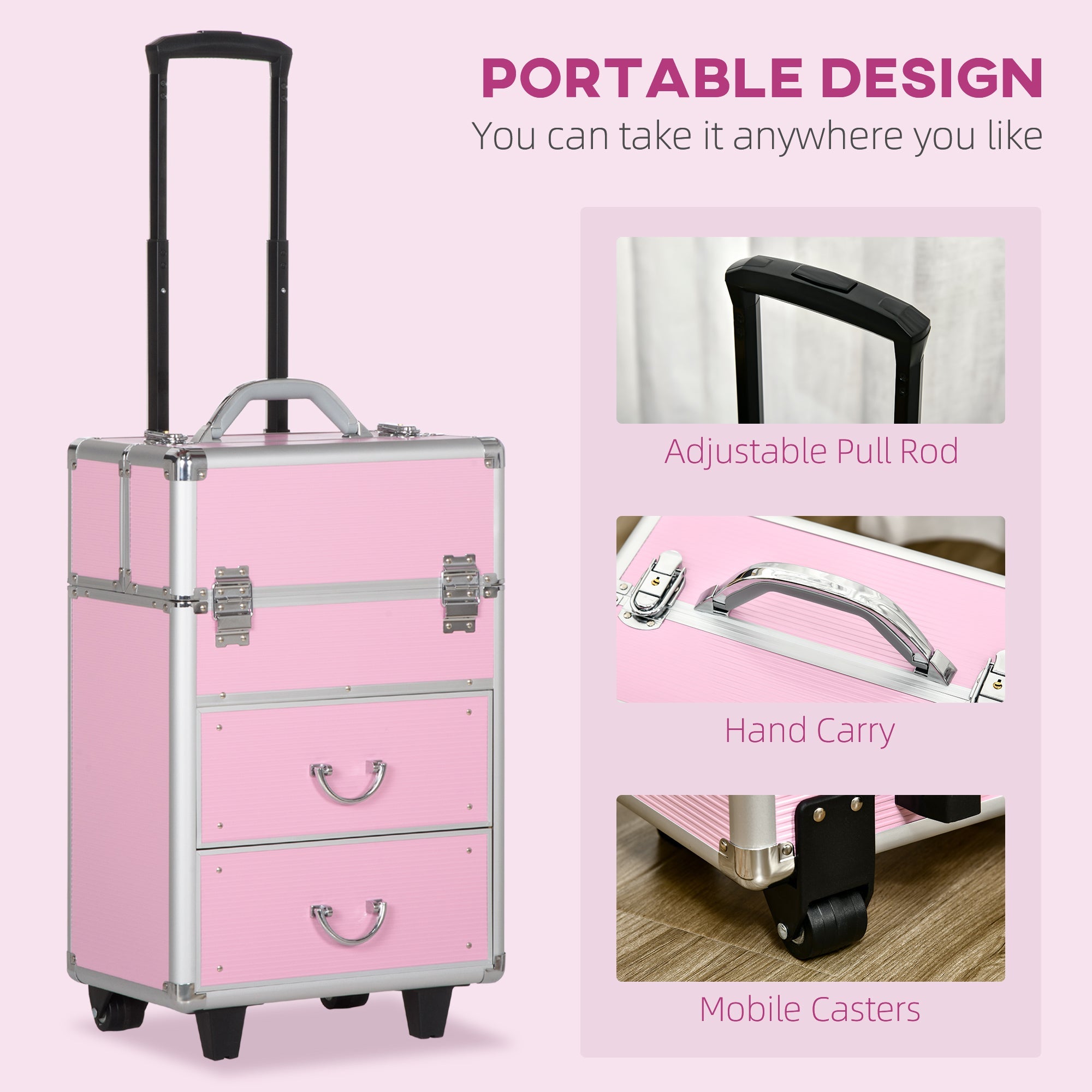 Rolling Makeup Train Case, Large Storage Cosmetic Trolley, Lockable Traveling Cart Trunk with Folding Trays, Swivel Wheels Makeup Cases   at Gallery Canada