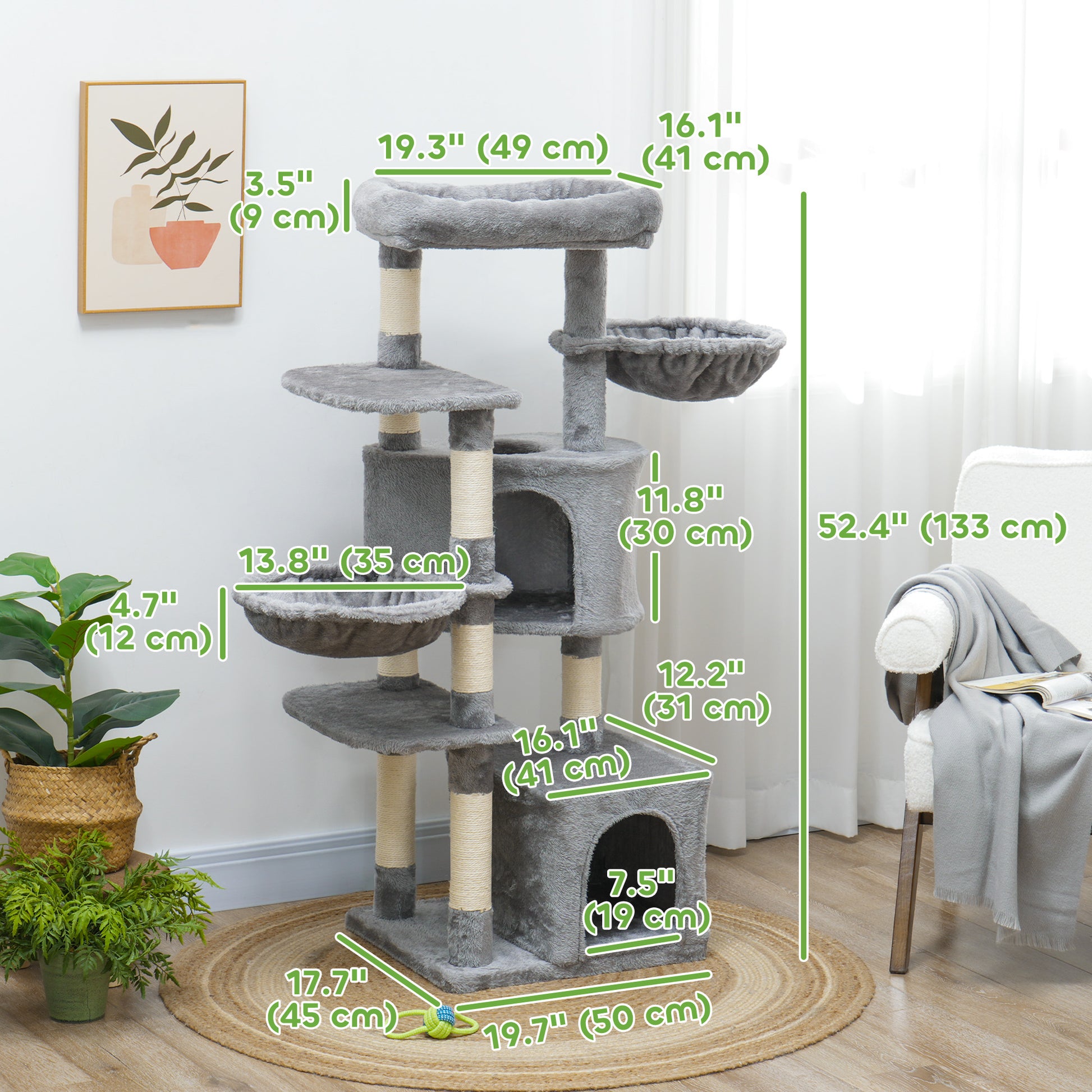 52.5" Cat Tree Tower with Scratching Posts, Cat Condos, Bed, Platforms, Hammocks, for Indoor Cats, Grey Cat Towers   at Gallery Canada