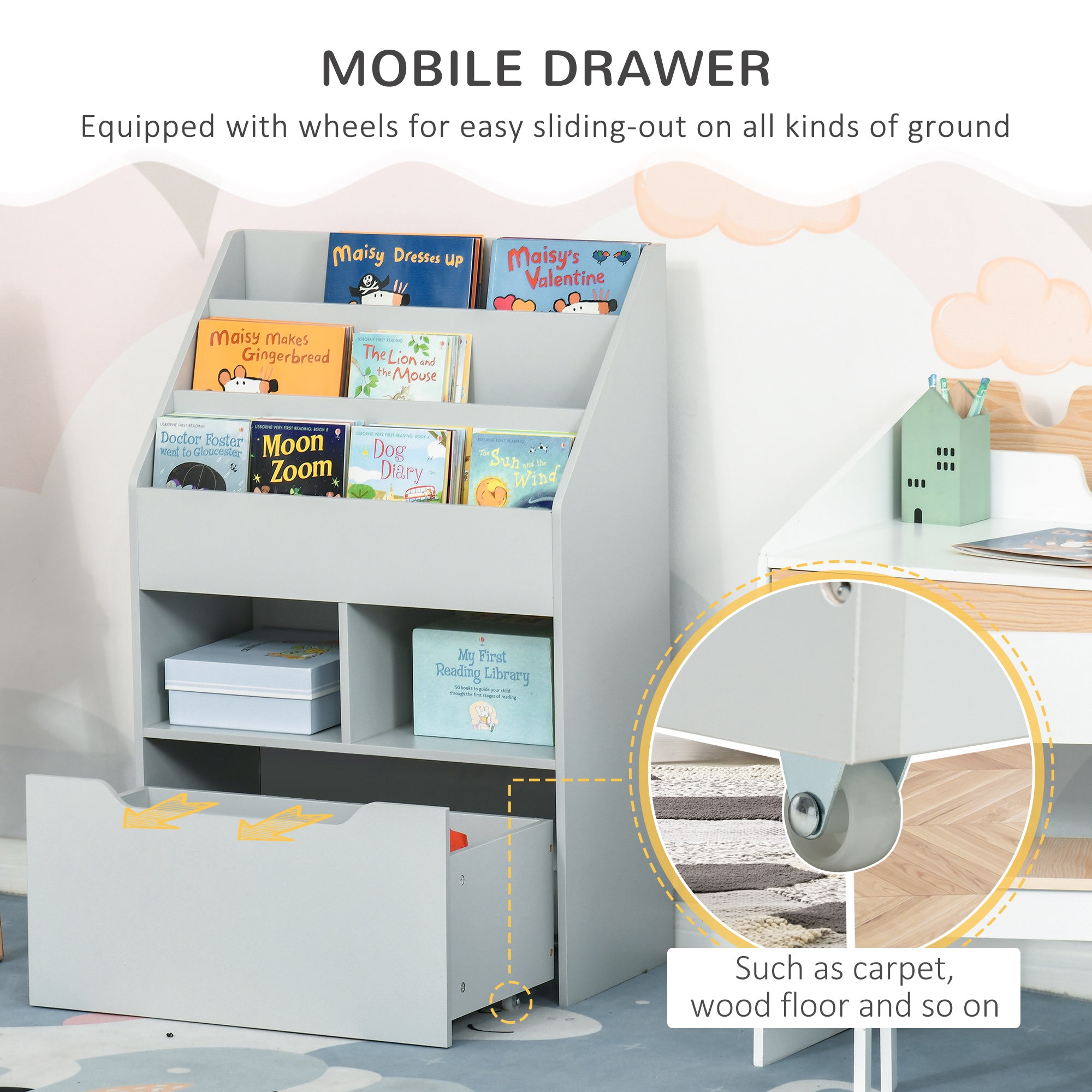 Kids Bookcase Multi-Shelf Rack Organizer with Storage Drawer for Books for Reading Nook, Classroom, Bedroom, Playroom, Grey Baby & Kids Storage at Gallery Canada