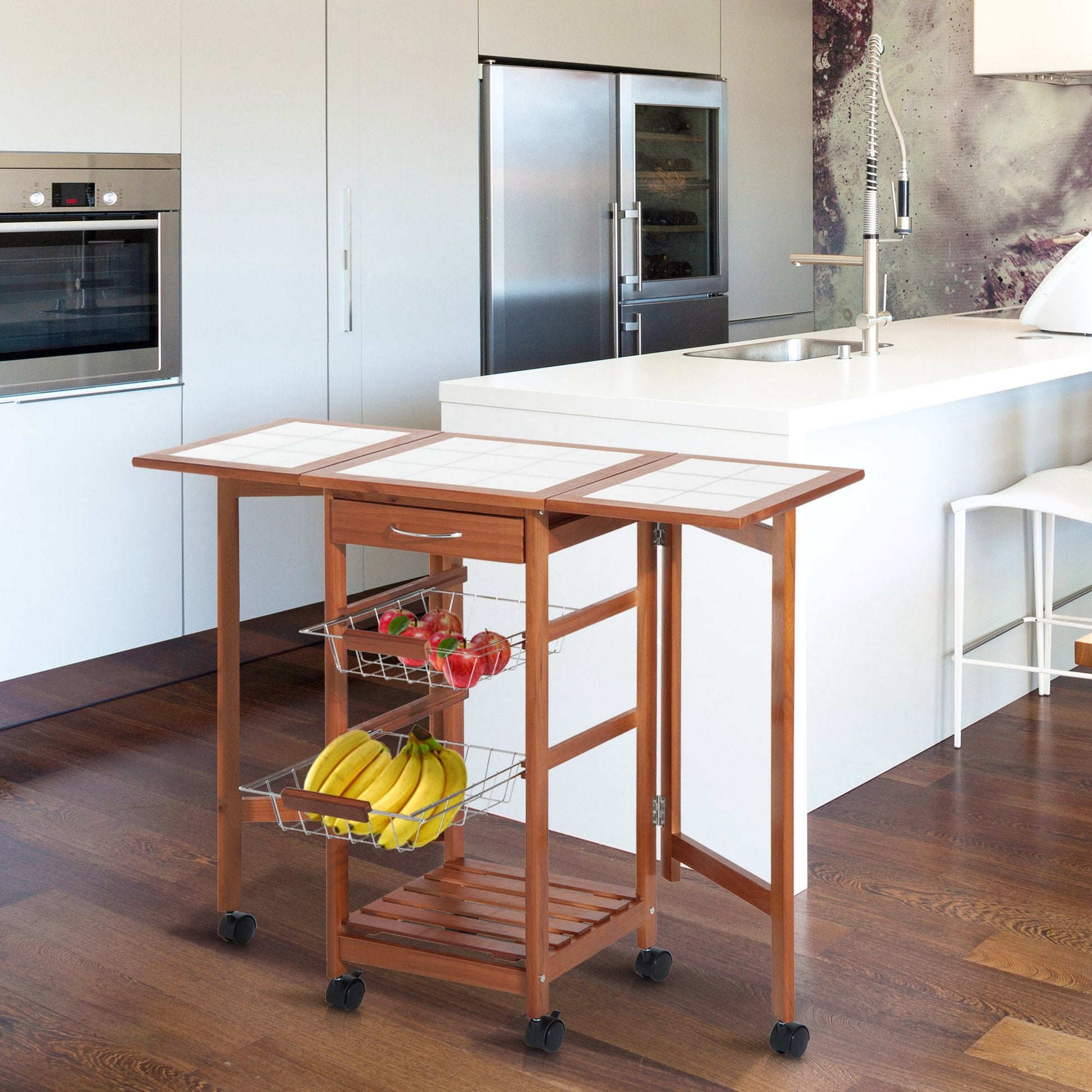 Wood 4 Tier Rolling Kitchen Trolley Cart with Storage Drawer Rack Basket Kitchen Islands & Kitchen Carts   at Gallery Canada