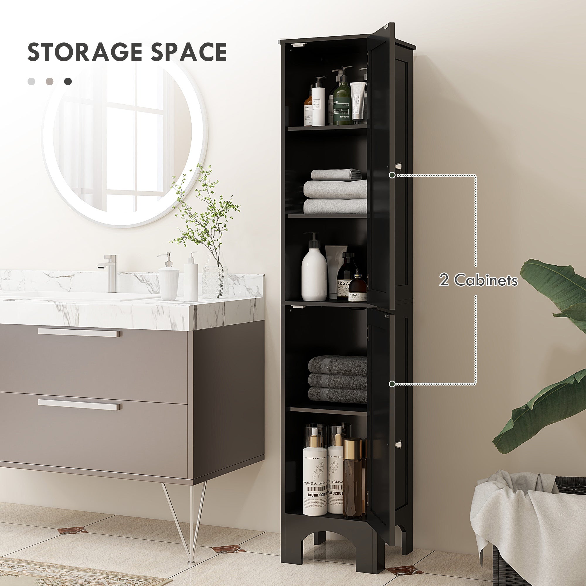 Narrow Bathroom Cabinet, Tall Bathroom Storage Cabinet with Shelves and Doors, Black Bathroom Cabinets   at Gallery Canada