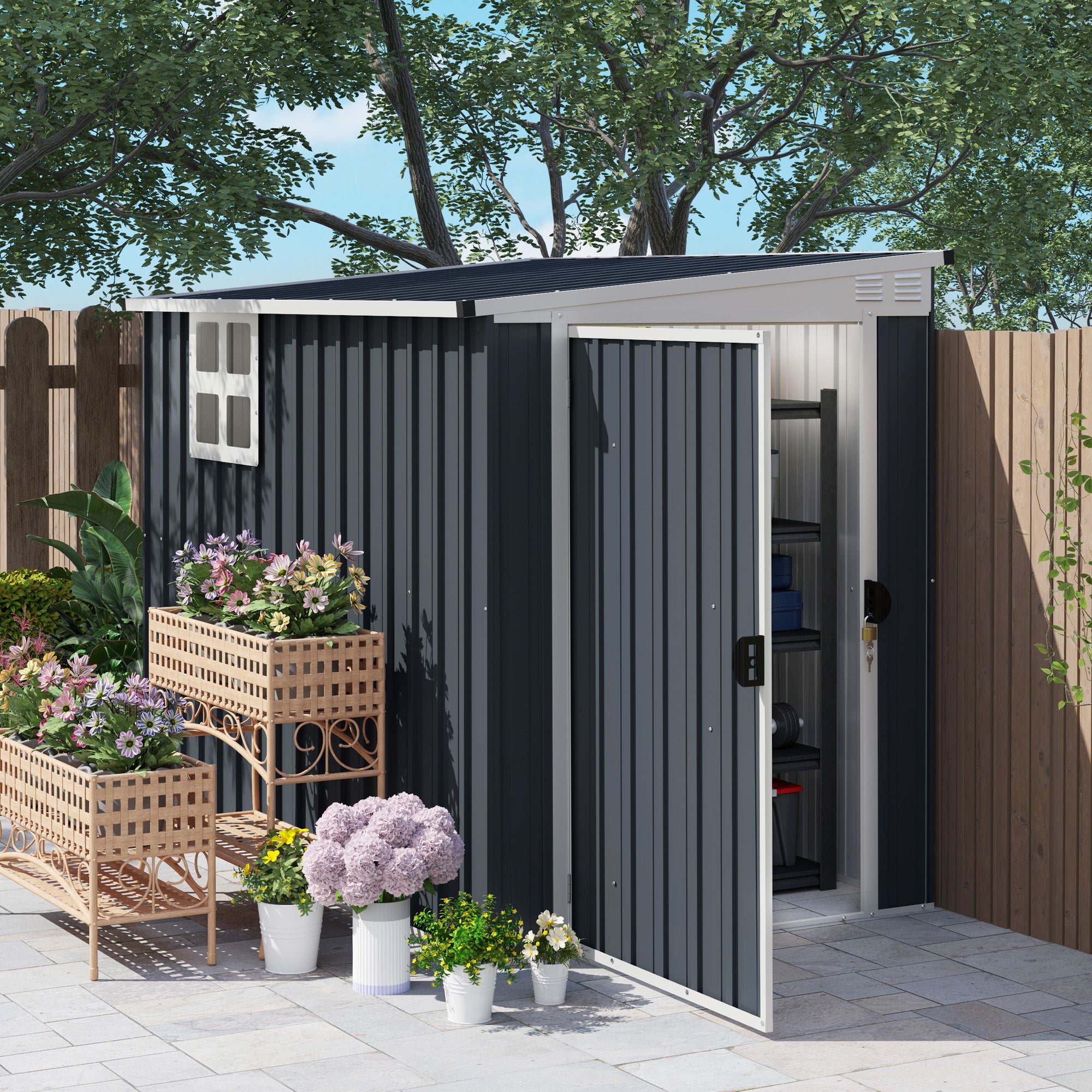4' x 8' Outdoor Storage Shed, Metal Garden Shed with Window, 2 Vents and Lockable Door for Backyard, Garden, Patio Sheds Dark Grey at Gallery Canada