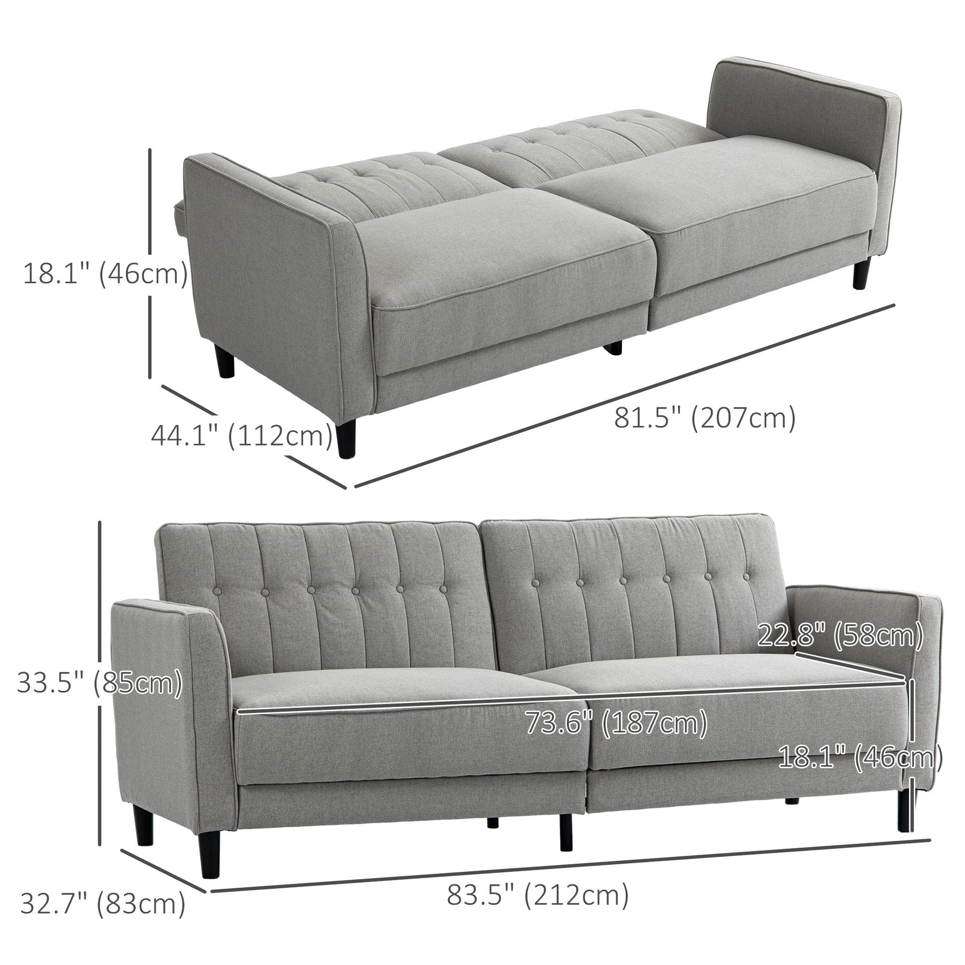 Pull Out Sofa Bed, Button Tufted Fabric Convertible Bed Couch with Adjustable Back, for Living Room, Grey 2-Seater Sofas   at Gallery Canada