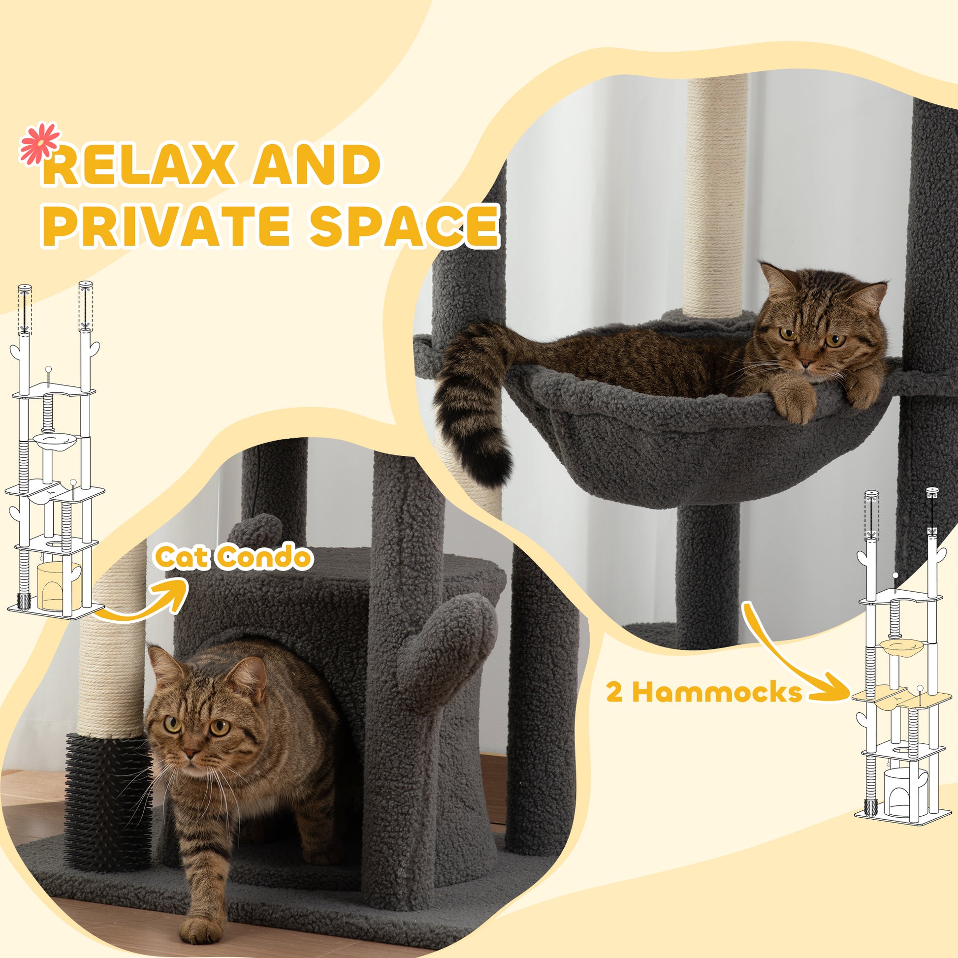 89"-100" Floor to Ceiling Cat Tree Cat Tower for Large Cats w/ Scratching Posts, Grooming Brush Post, Cat Condo, Grey Floor to Ceiling Cat Trees   at Gallery Canada