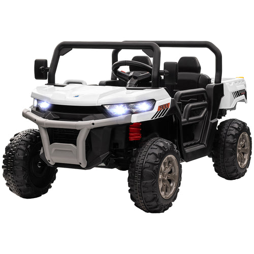 12V Ride on Car with Electric Bucket, Two-Seater, Shovel, Remote Control, Spring Suspension, Horn, Music, White