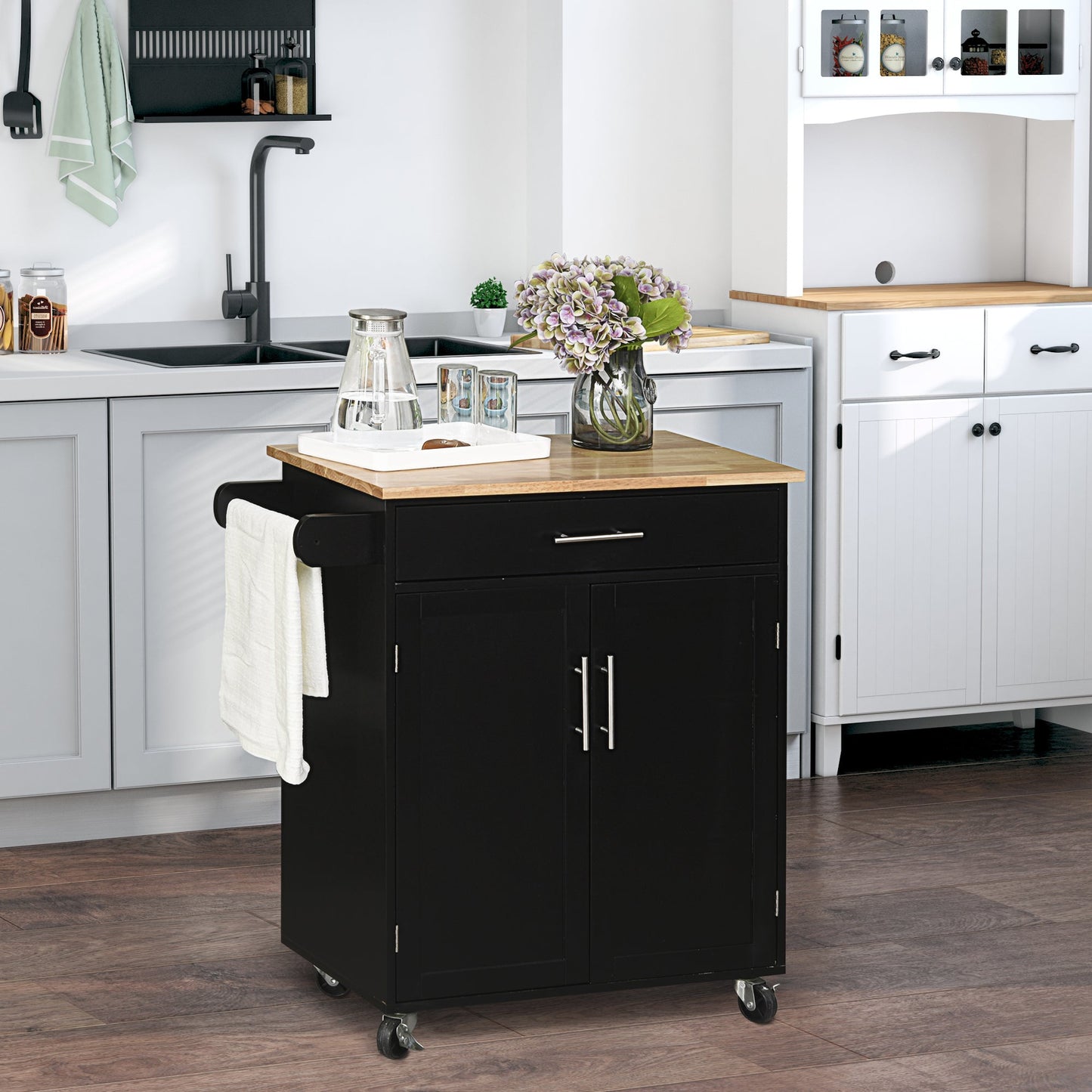 Wood Top Rolling Kitchen Island Cart with Storage Drawers and Towel Rack, Black Kitchen Islands & Kitchen Carts   at Gallery Canada