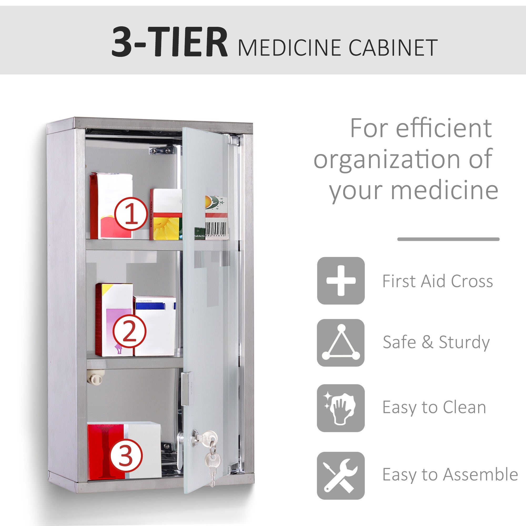 Wall Mount Medicine Cabinet Bathroom Cabinet with 2 Shelves, Stainless Steel Frame and Glass Door, Lockable with 2 Keys Mirror Medicine Cabinets   at Gallery Canada