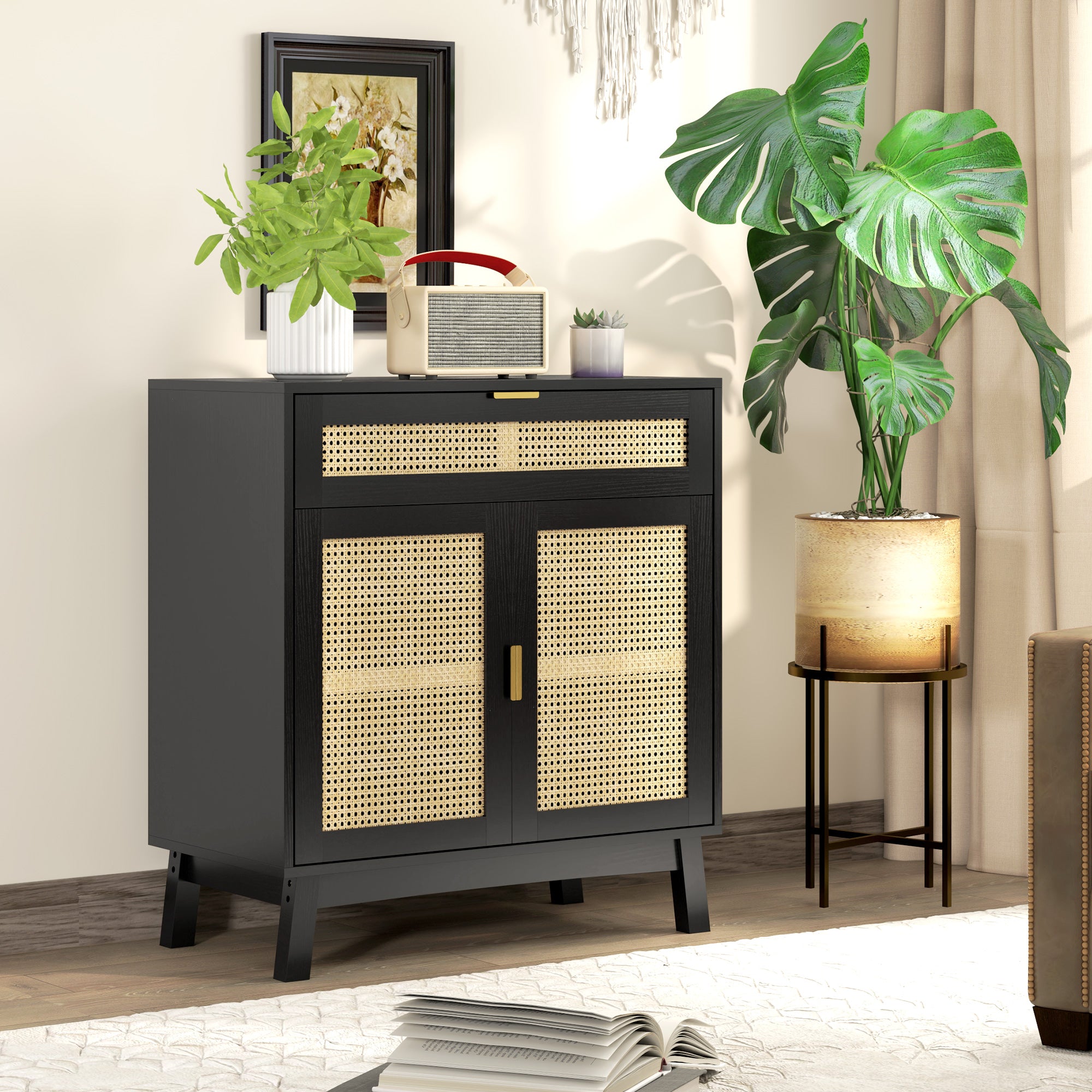Boho Sideboard Storage Cabinet with Rattan Doors, Black Storage Cabinets at Gallery Canada