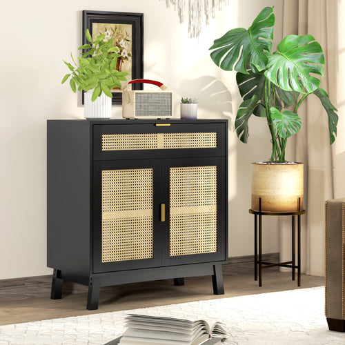 Boho Sideboard Storage Cabinet with Rattan Doors, Black