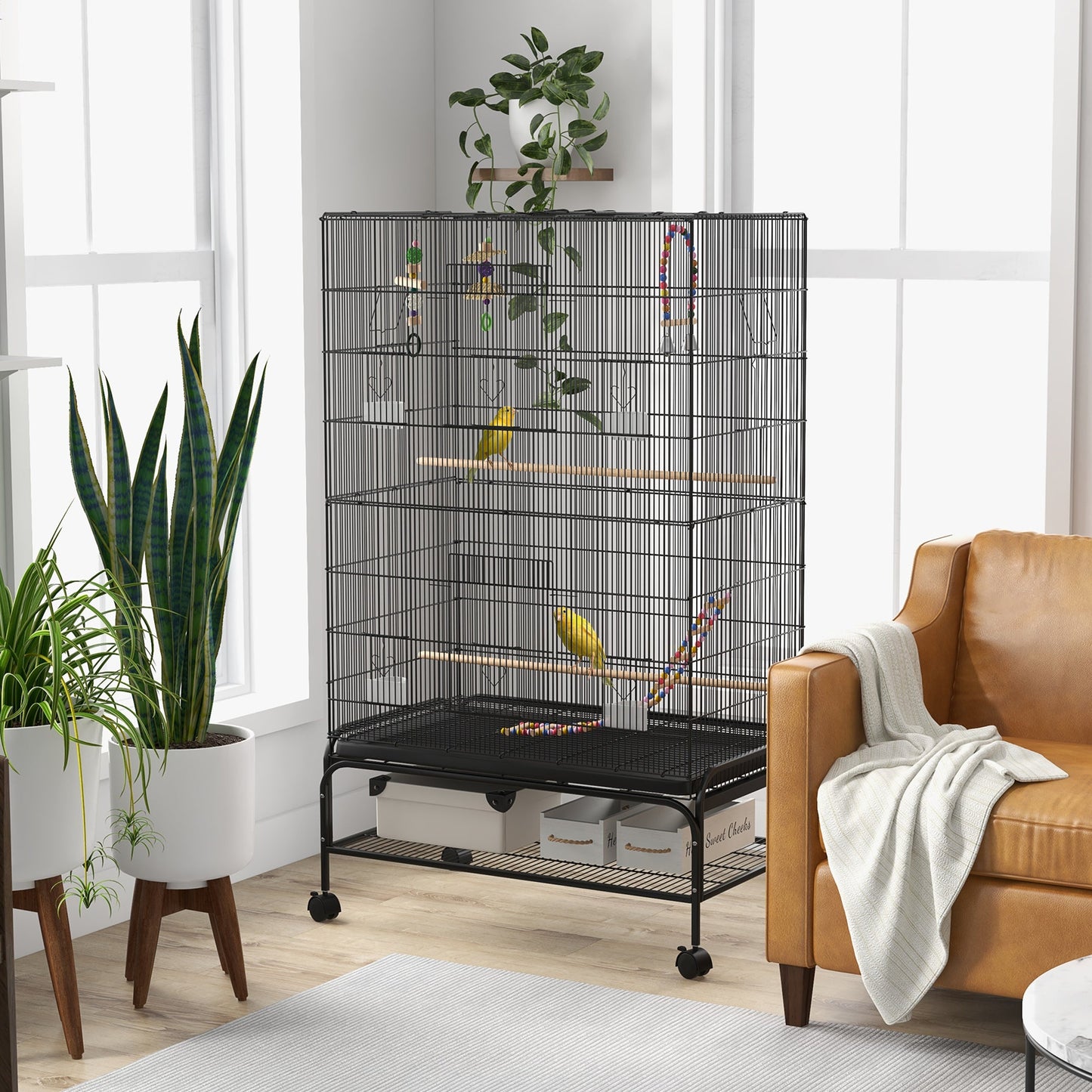 63" Bird Cage w/ Open Top for Budgies, Cockatiels, Lovebirds Finches, Stand, Toys, Removable Tray, Storage Shelf Bird Cages   at Gallery Canada