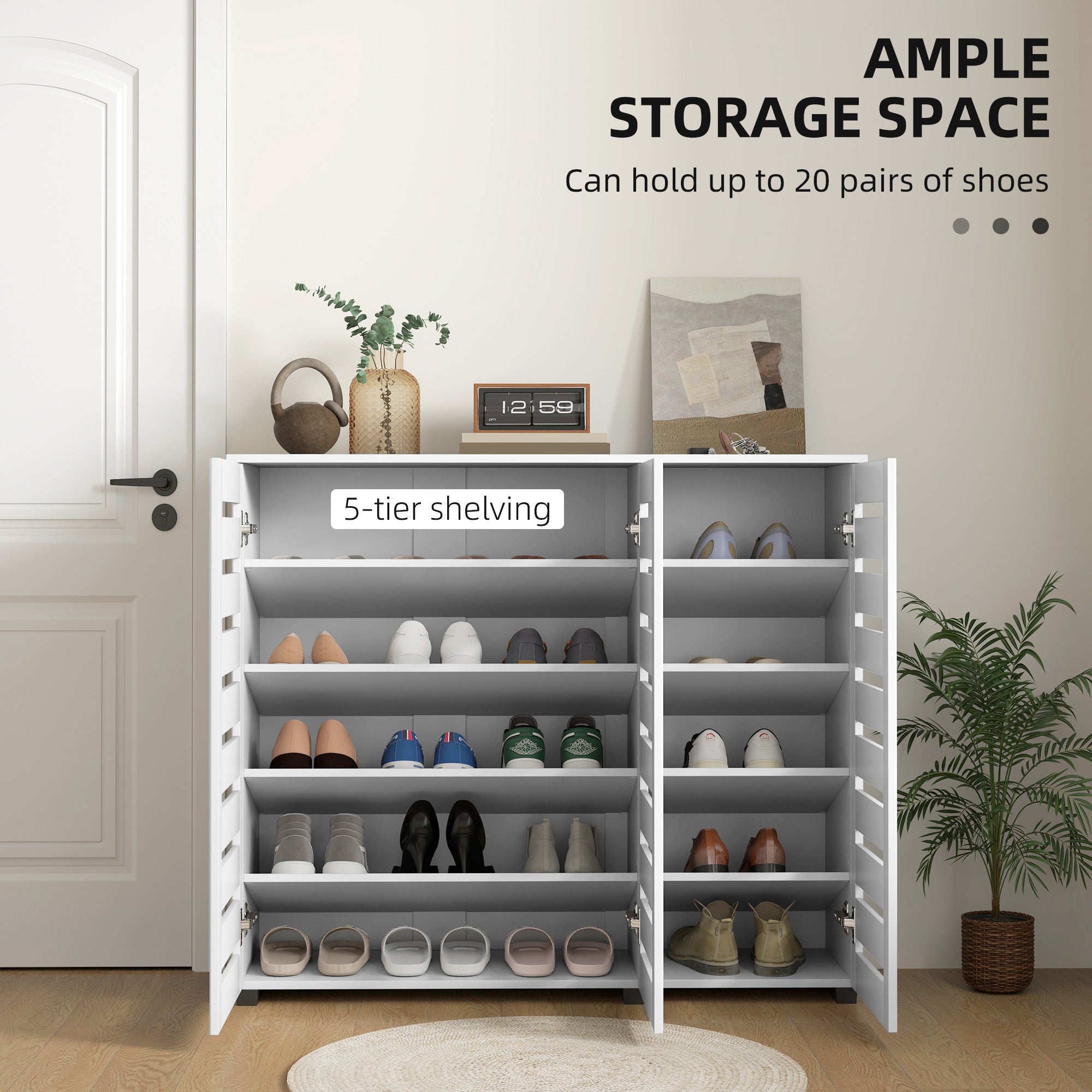 Narrow Shoe Cabinet with Slatted Doors, Adjustable Shelves for 20 Pairs of Shoes, Shoe Cabinet for Entryway, White Shoe Storage Cabinets & Racks at Gallery Canada