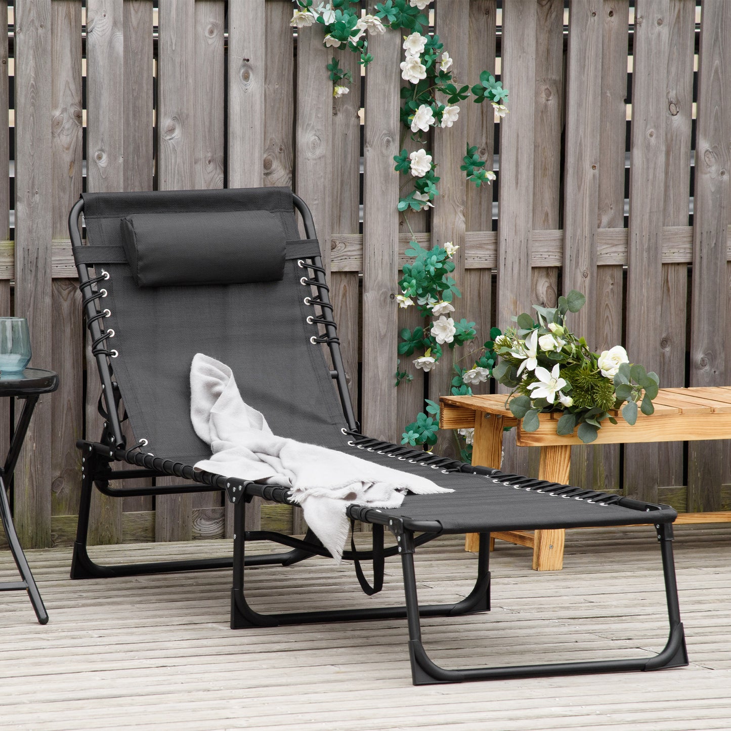 4-Level Adjustable Outdoor Folding Lounge Chair with Headrest, Black Lounger Chairs Black  at Gallery Canada