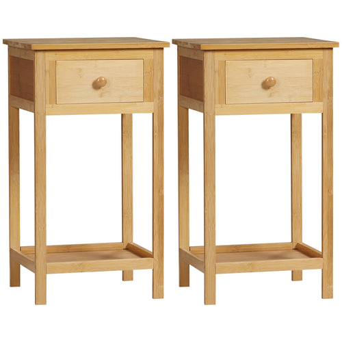 Bamboo Side Table with Drawer and Storage Shelf, Slim End Table Nightstand for Small Spaces, Natural