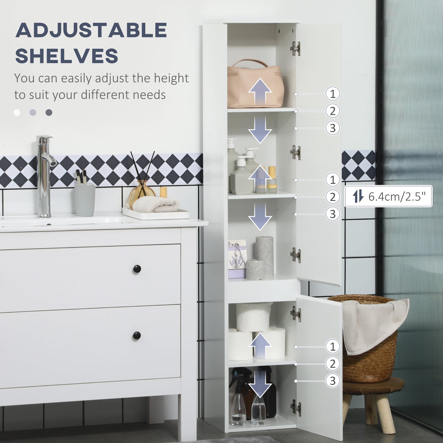 Tall Bathroom Cabinet, Freestanding Storage Organizer with Adjustable Shelves and Cupboards, 11.8" x 11" x 6", White Bathroom Cabinets   at Gallery Canada