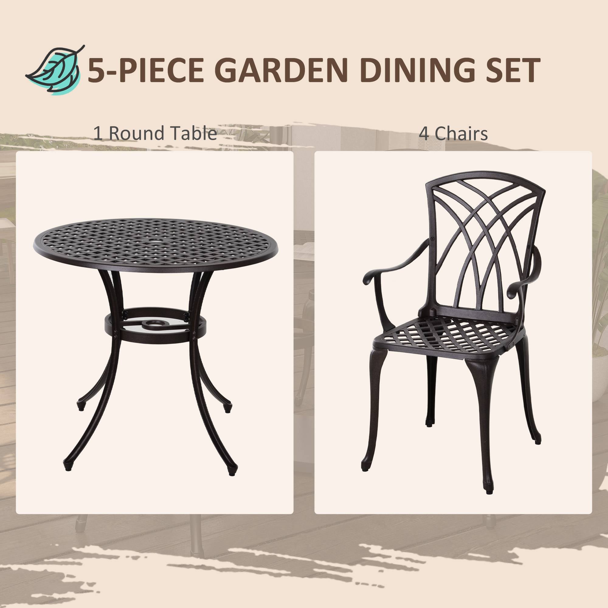 5 Pieces Outdoor Dining Set, Cast Aluminium Patio Table and Chairs with Parasol Hole, Patio Dining Set for 4, Brown Outdoor Dining Sets at Gallery Canada