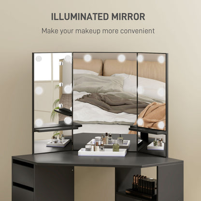 Makeup Vanity Desk with 3-Panel Mirror and 10 LED Lights, Dressing Table with 5 Drawers and Shelves for Bedroom, Black Dressing & Vanity Tables at Gallery Canada