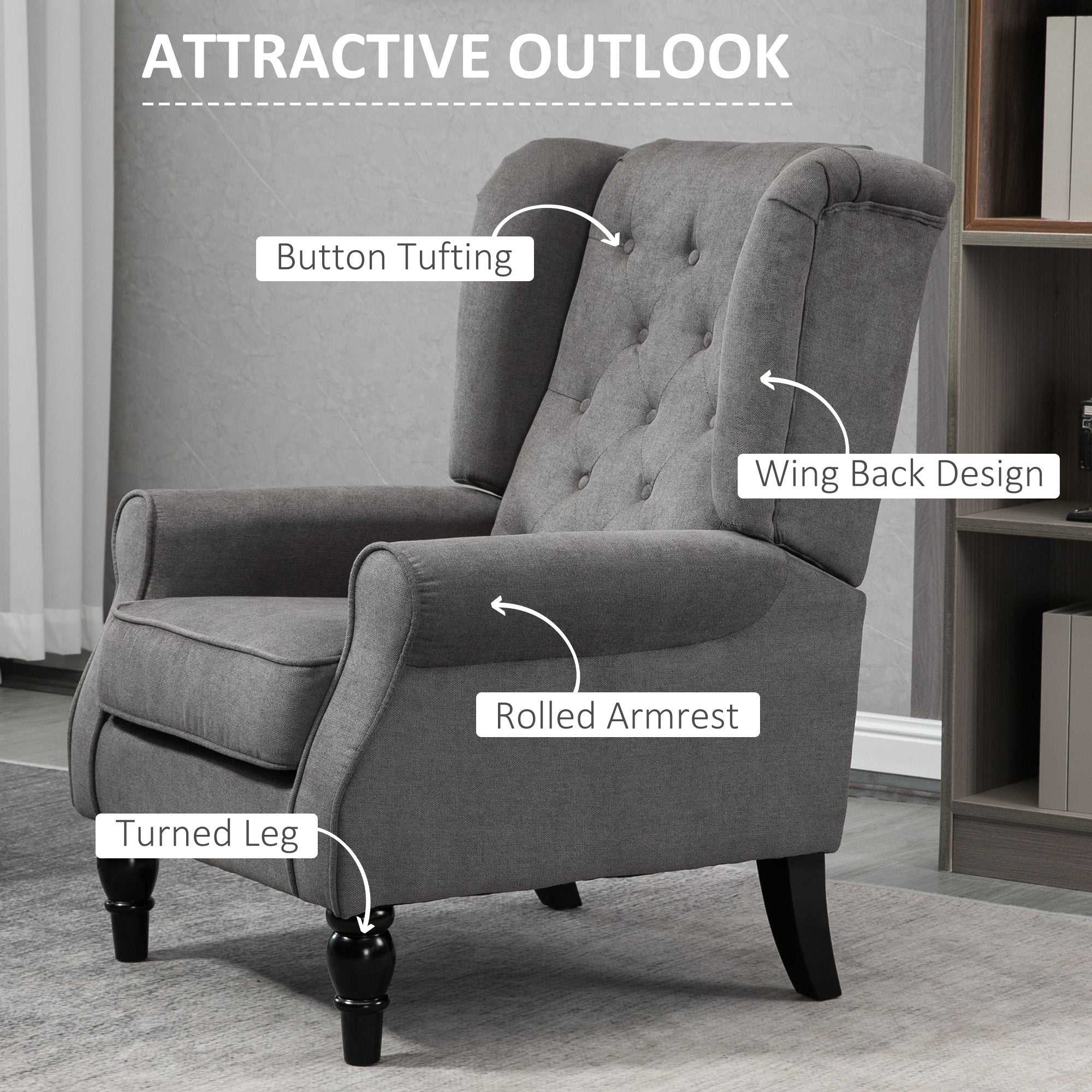 Fabric Accent Chair, Button Tufted Armchair, Armchair with Wood Legs, Thick Padding for Bedroom, Charcoal Grey Accent Chairs at Gallery Canada