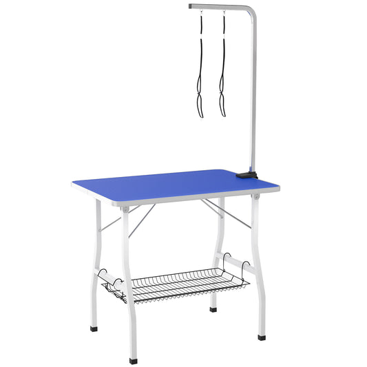 Dog Grooming Table w/ Adjustable Arm, Mesh Tray, Two Nooses, Rubber Surface, 35" x 24" x 30", Blue Dog Grooming Tables at Gallery Canada