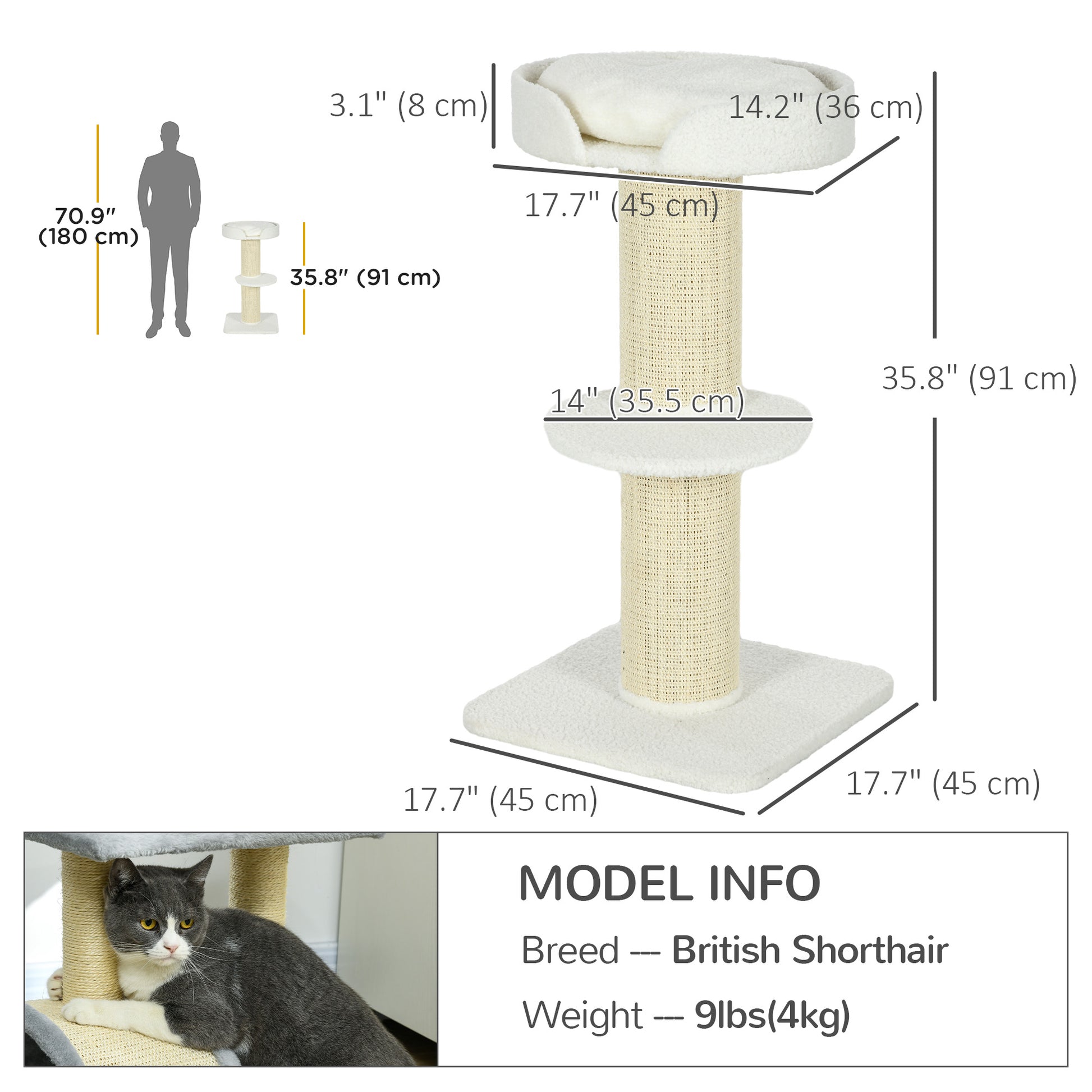 Cat Tree Kitty Tower with Sisal Mat Scratching Post, Cat Bed, Cushion, Perch, 18" x 18" x 36", Cream White Cat Towers   at Gallery Canada