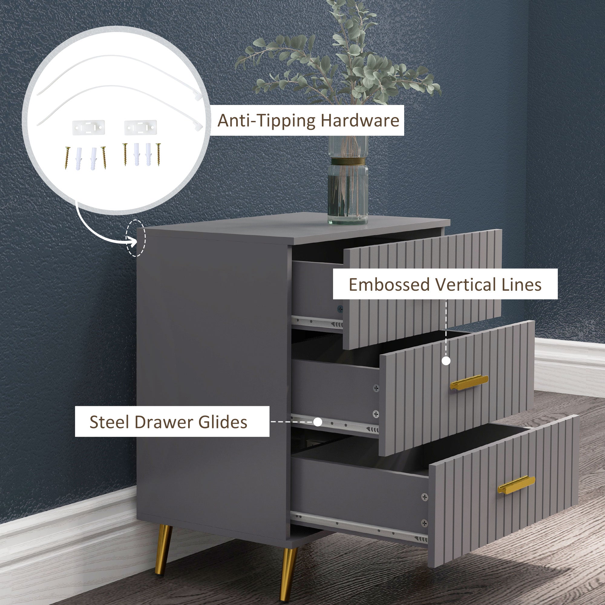 3 Drawer Cabinet, Drawer Chest for Bedroom, Chest of Drawers with Aluminium Legs and Gold Handles, Dark Grey Storage Cabinets   at Gallery Canada