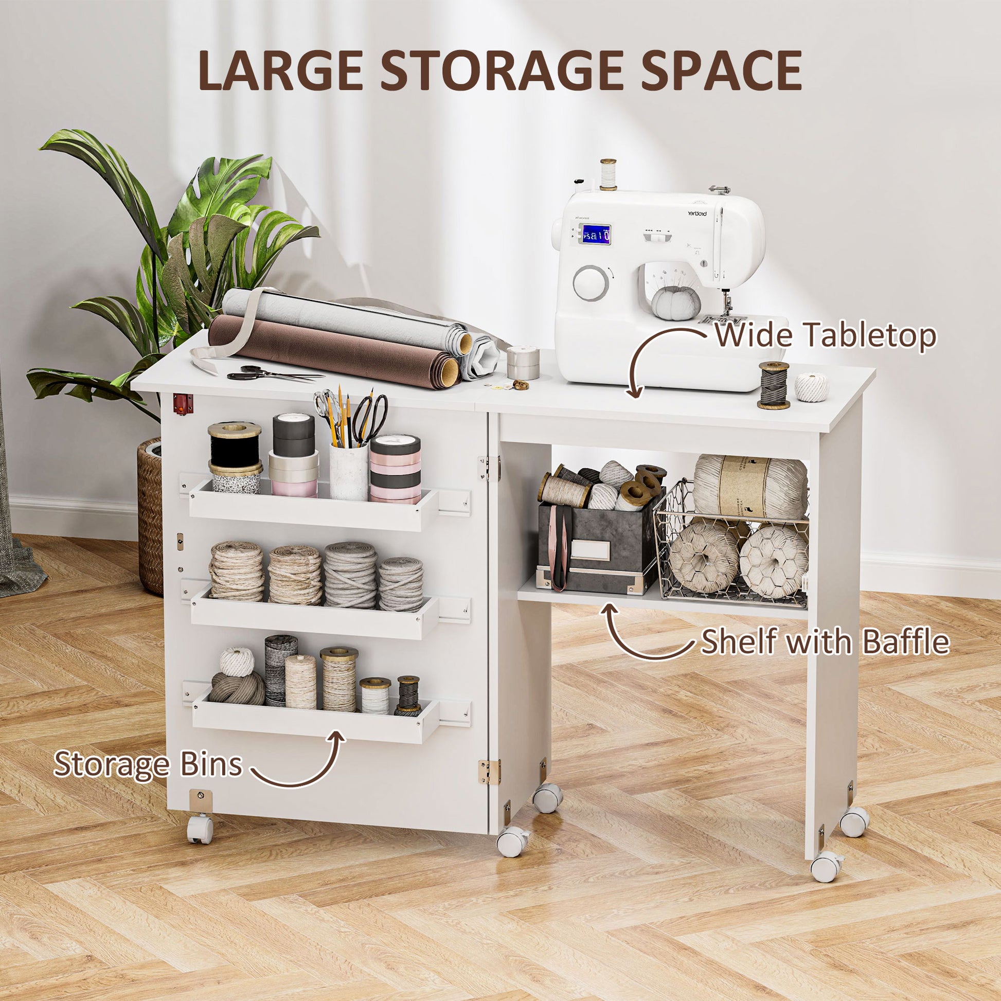 Sewing Machine Cabinet, Folding Sewing Table with Storage Shelf, Bins and Lockable Wheels for Small Space, White Storage Cabinets at Gallery Canada