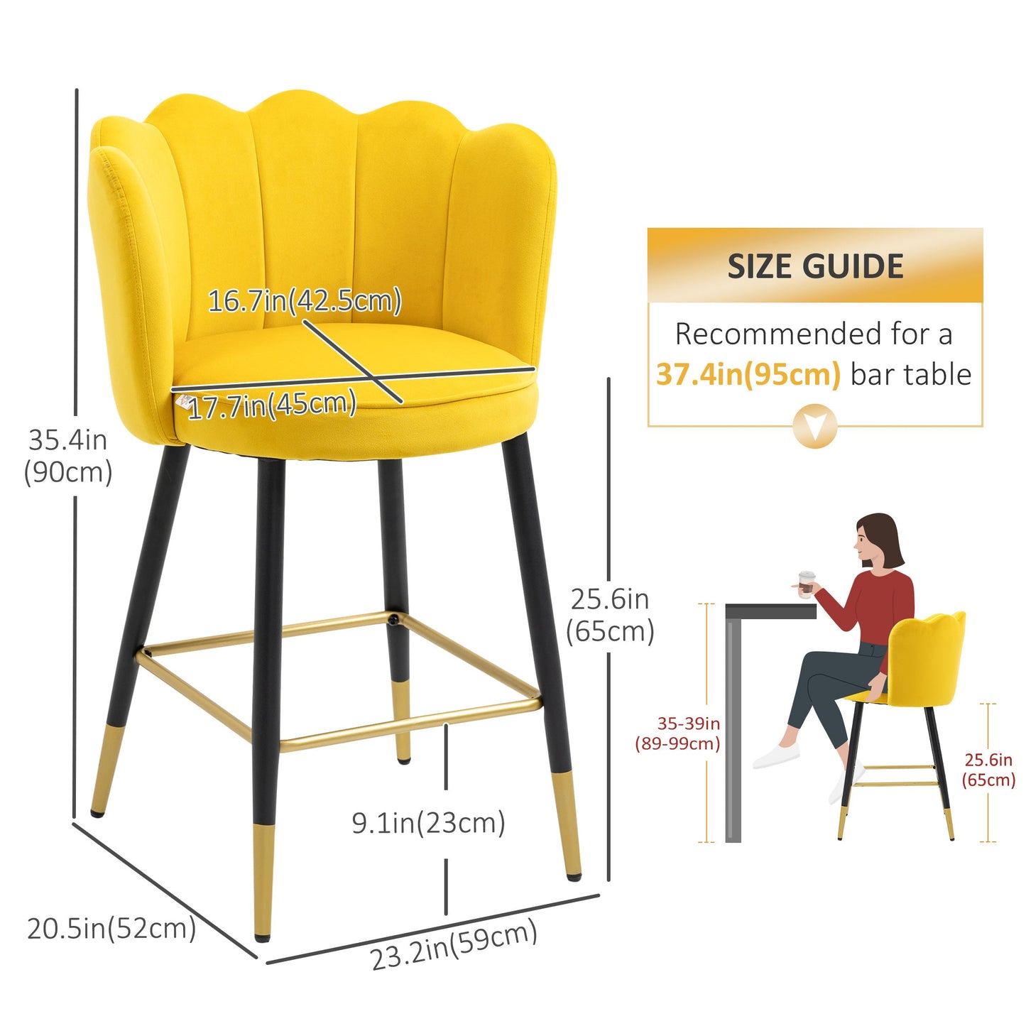 Bar Stools Set of 2 Modern Counter Height Bar Stools with Back, Footrest for Home Kitchen, 23.2"x20.5"x35.4", Yellow Bar Stools   at Gallery Canada