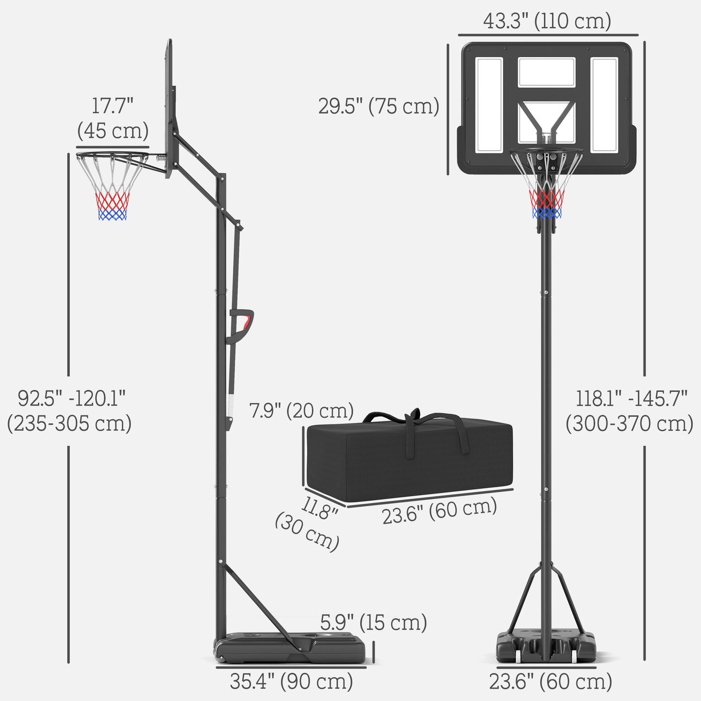 7.7-10ft Portable Basketball Hoop, Basketball Goal with Free Weight, Wheels, 43" Backboard and Fillable Base Basketball   at Gallery Canada