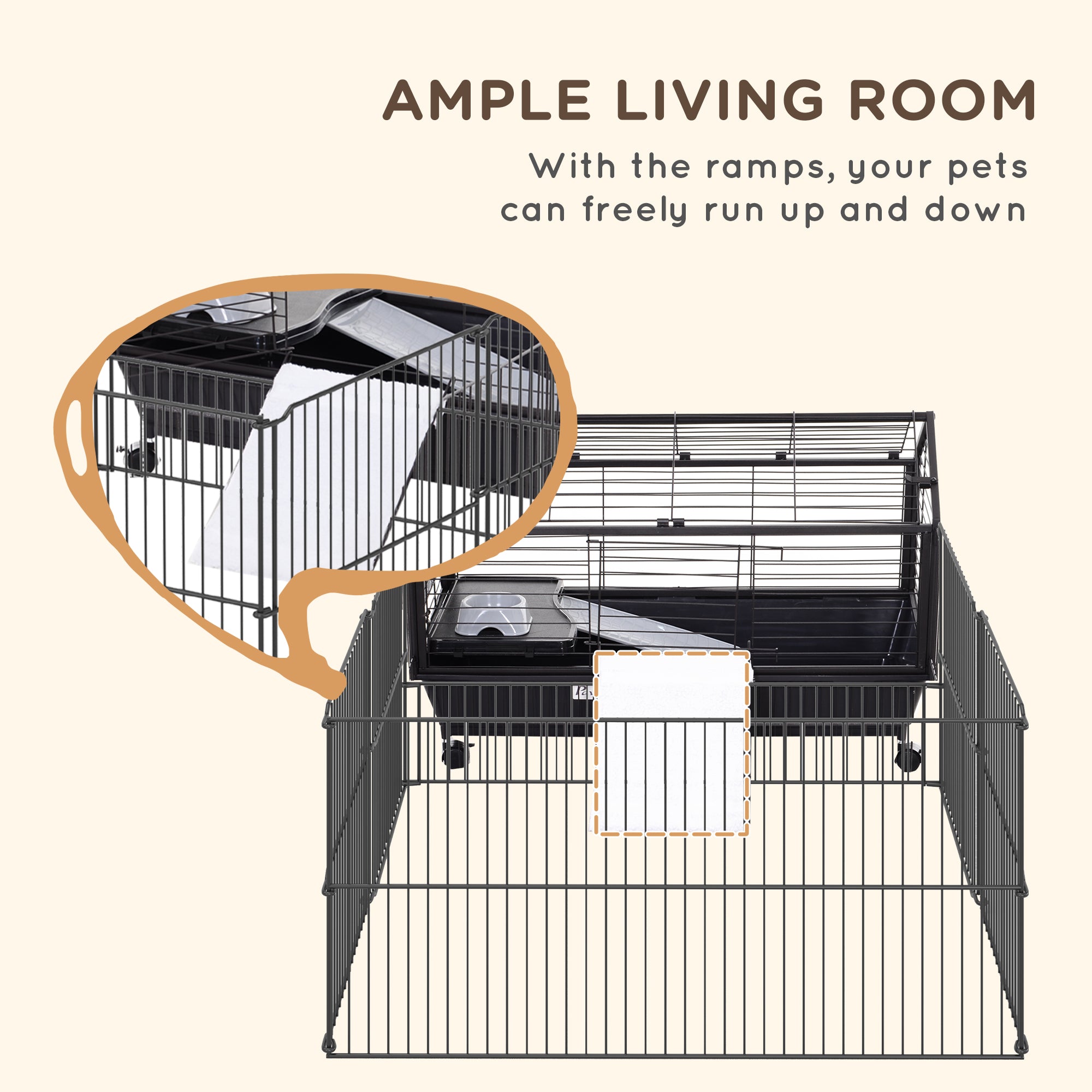 Metal Small Animal Cage, Rabbit Cage for Guinea Pig Chinchilla Hedgehog Bunny with Removable Wheels and Foldable Detachable Run Fence, 34.6