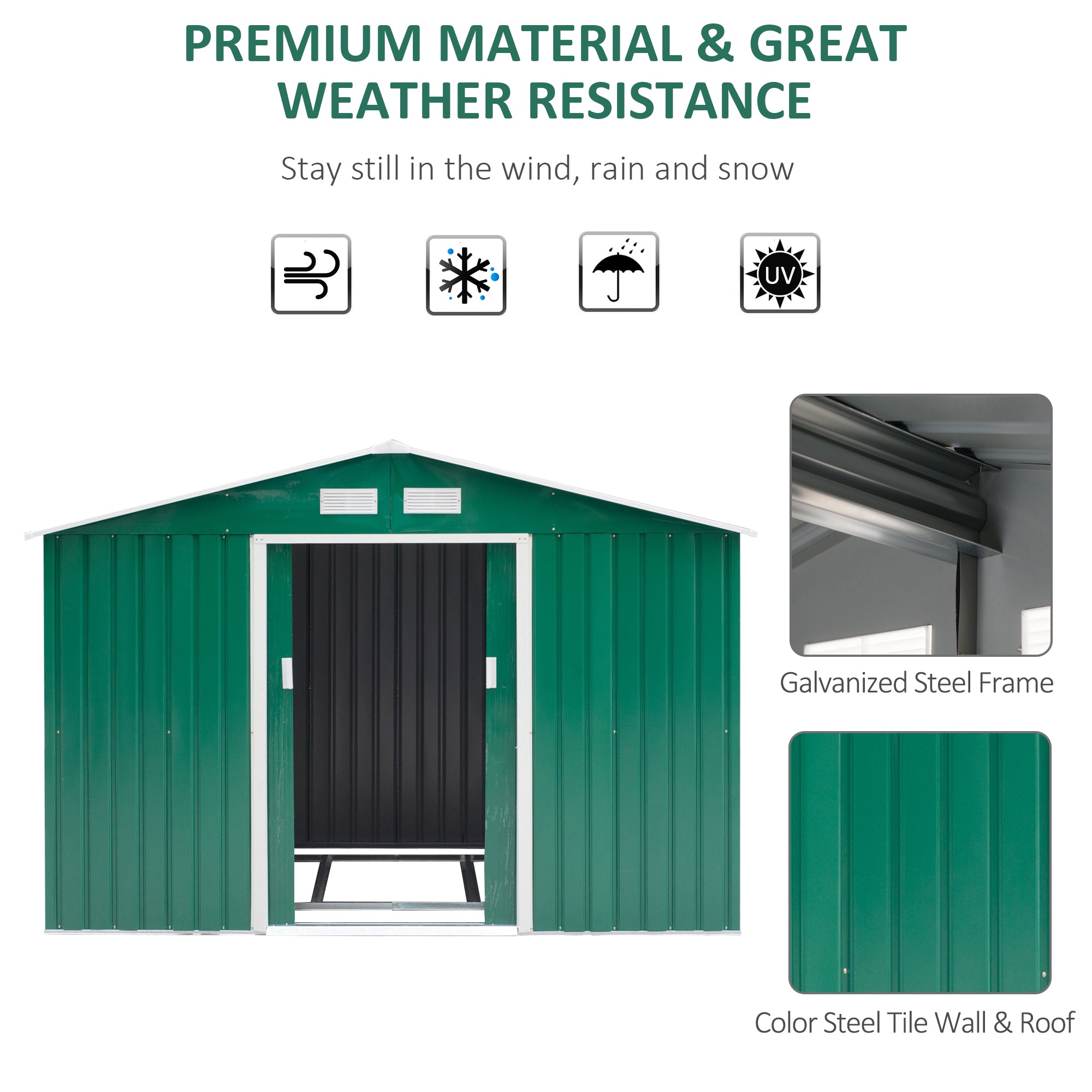 9.1' x 6.4' x 6.3' Garden Storage Shed w/Floor Foundation Outdoor Patio Yard Metal Tool Storage House w/ Double Doors Green Sheds   at Gallery Canada