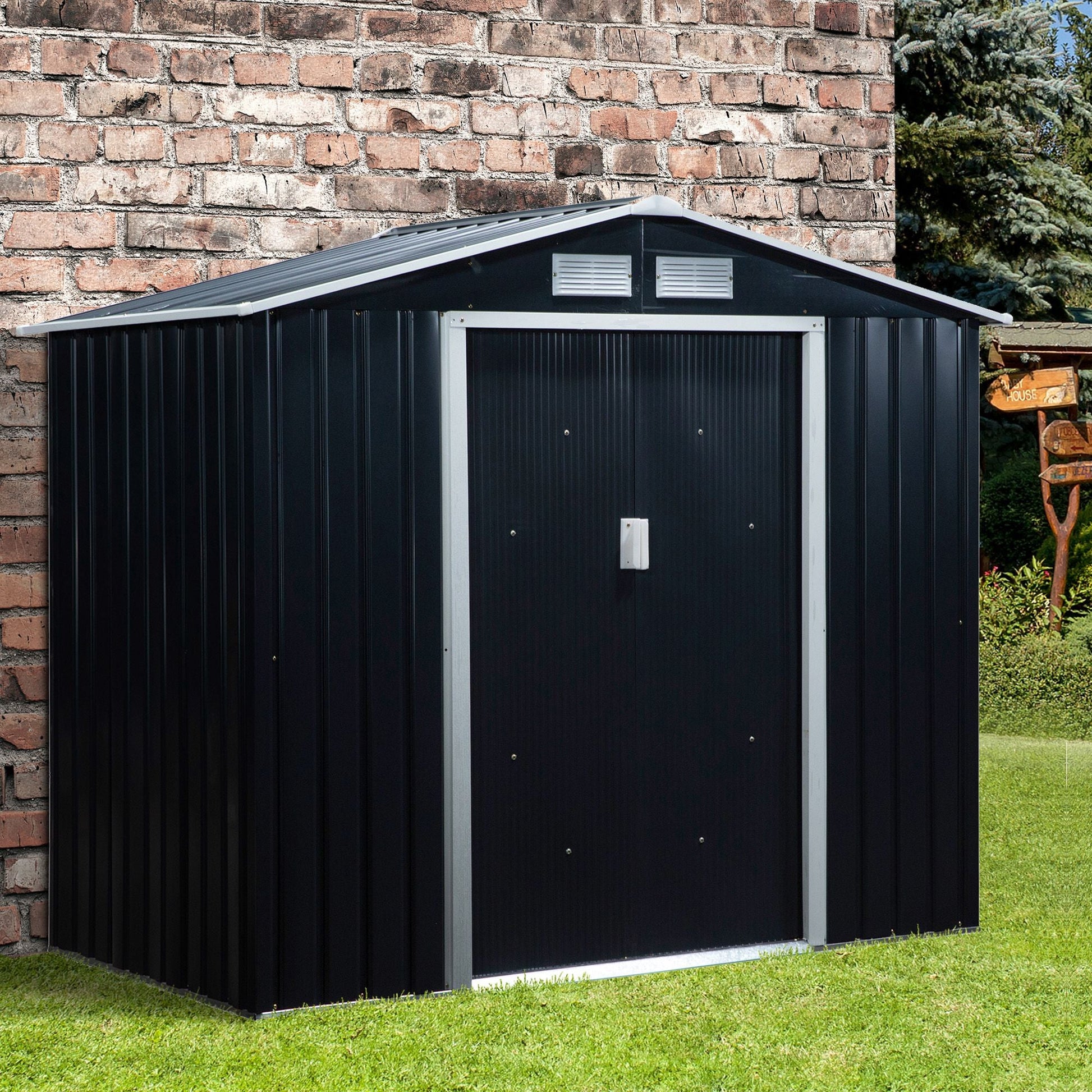 7' x 4' x 6' Garden Storage Shed Outdoor Patio Yard Metal Tool Storage House w/ Floor Foundation and Double Doors Dark Grey Sheds   at Gallery Canada