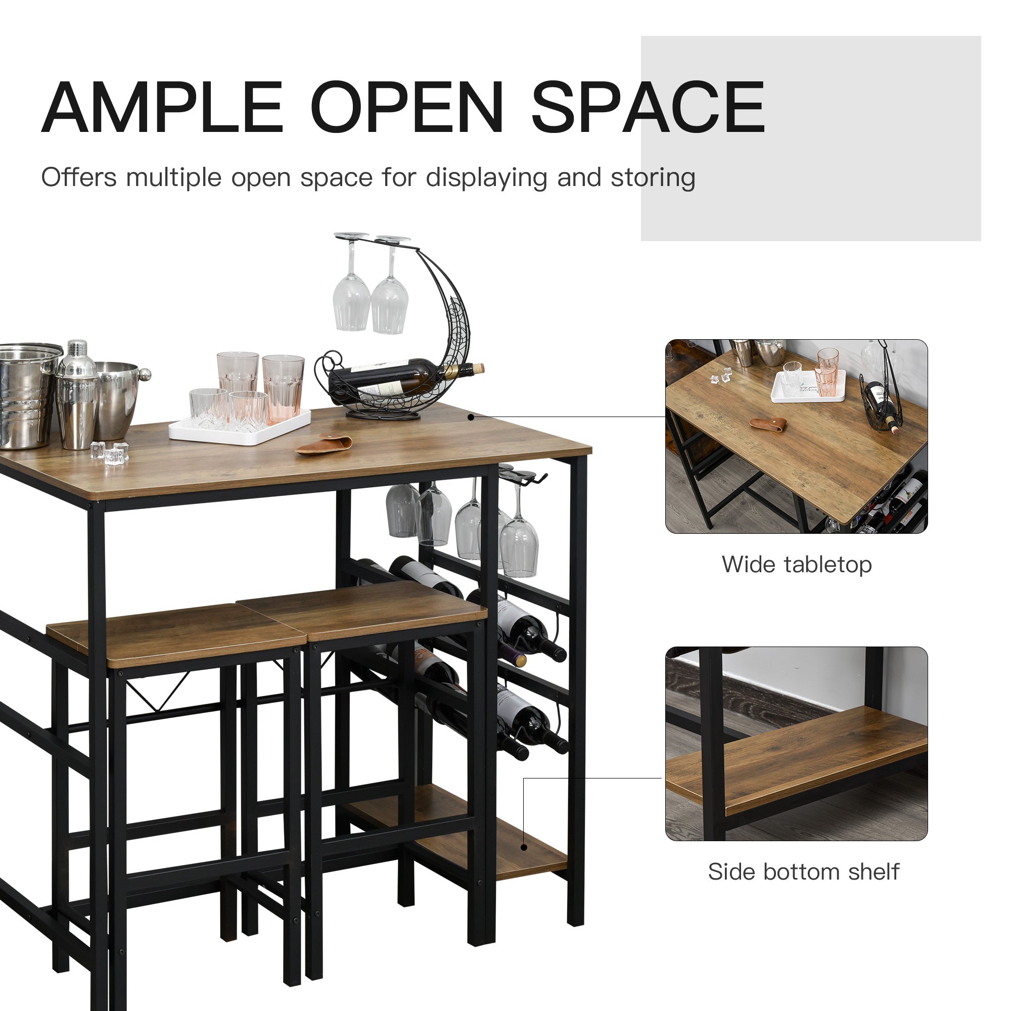 3 Pieces Bar Table Set, Counter Height Table with 8-bottle Wine Rack and Cup Holder, 2 Stools with Metal Frame for Kitchen, Dining Room, Living Room, Pub Bar Sets at Gallery Canada