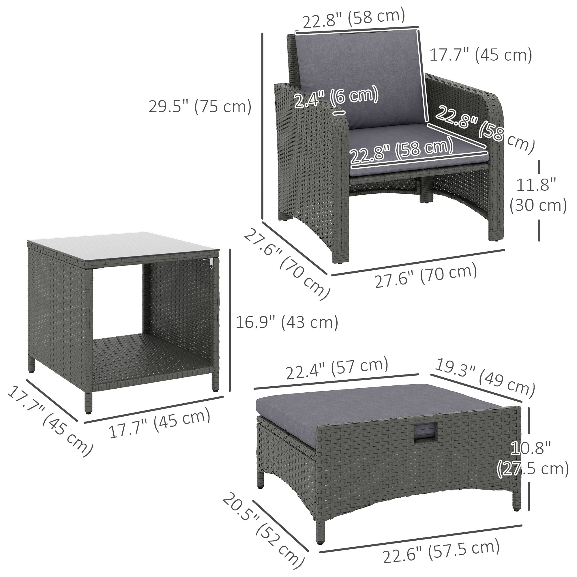5 Piece Rattan Balcony Furniture Set, Wicker Outdoor Furniture Set with 2-Tier Coffee Table, Ottomans, Grey Patio Furniture Sets at Gallery Canada