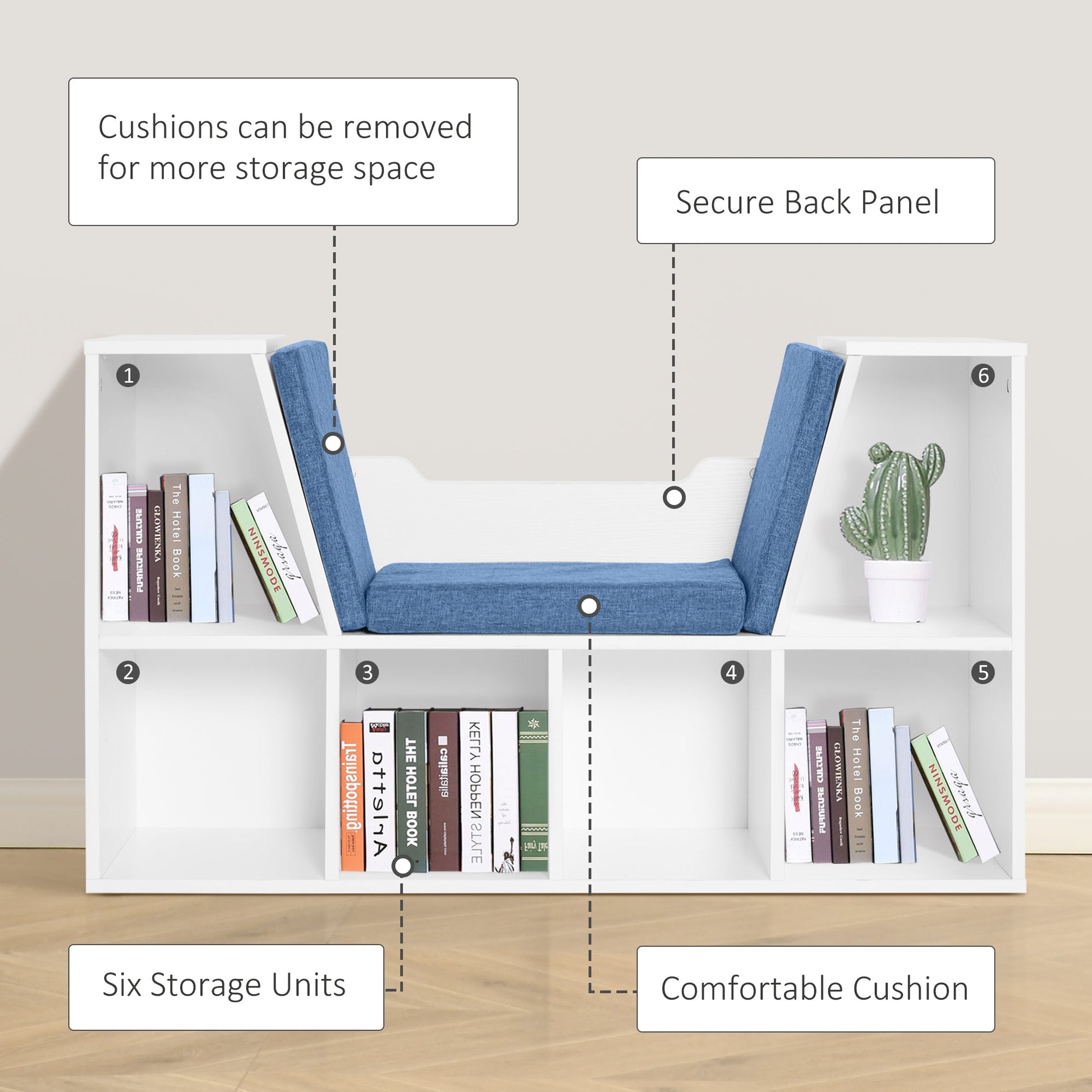 6-Cubby Kids Bookcase with Seat Cushion, Corner Bookcase with Reading Nook for Playroom, Home Office, Study, Blue White Bookshelves   at Gallery Canada