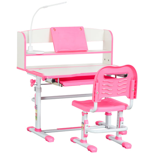 Kids Desk and Chair Set Height Adjustable Student Writing Desk Children School Study Table with LED Lamp, Bookshelf, Drawer, Reading Board, Pen Slot, Hook, Pink