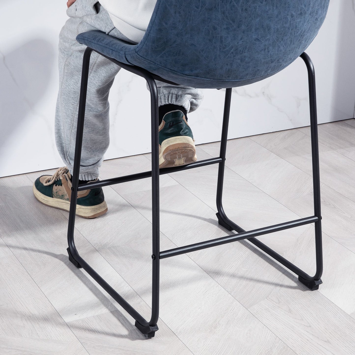 Counter Height Bar Stools Set of 2, Vintage PU Leather Bar Chairs, Kitchen Stools w/ Footrest for Home Bar, Blue Bar Stools   at Gallery Canada