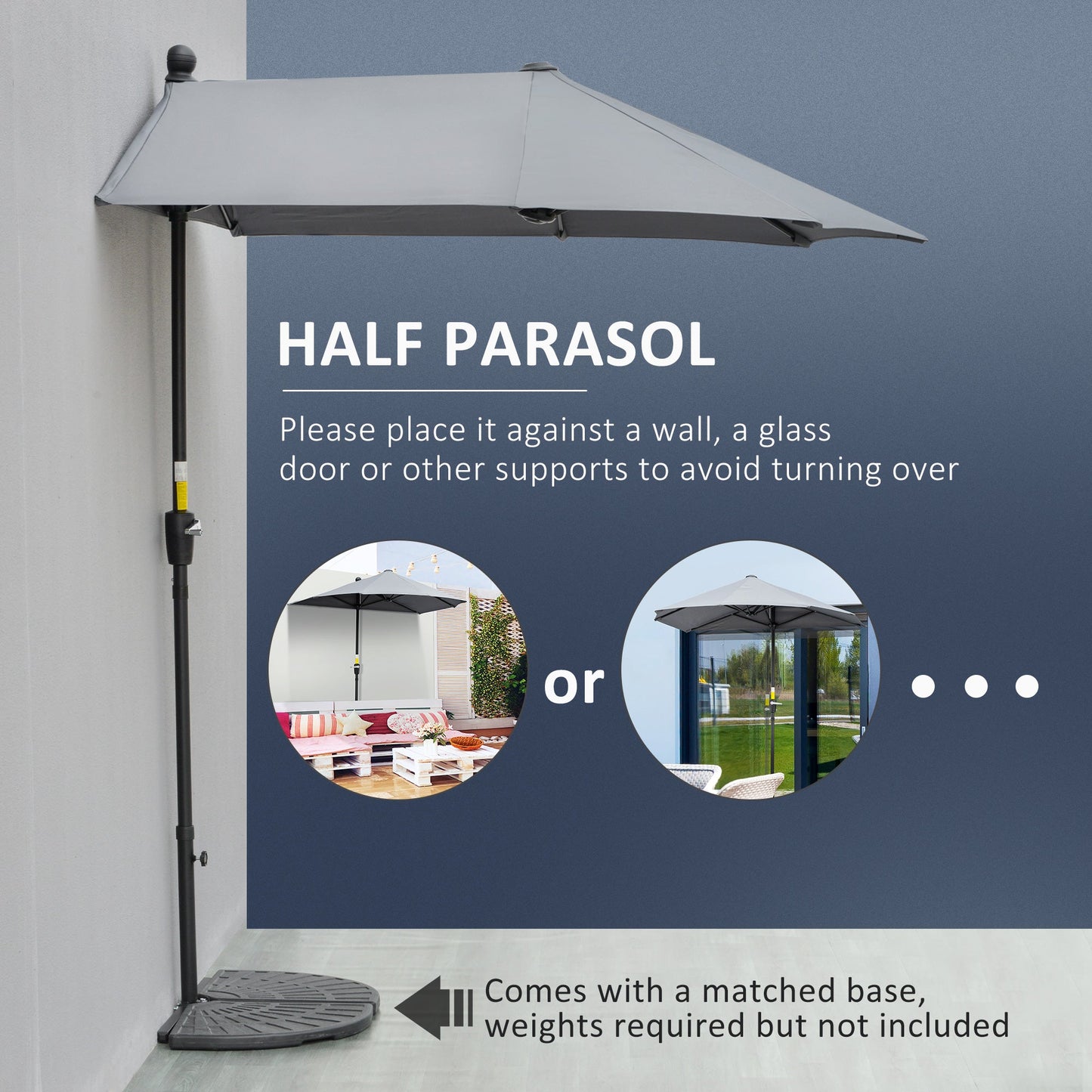 6.6 x 6ft Half Patio Umbrella Outdoor Parasol with Double-Sided Canopy, Crank Handle, Base for Garden, Balcony, Grey Sun Umbrellas   at Gallery Canada