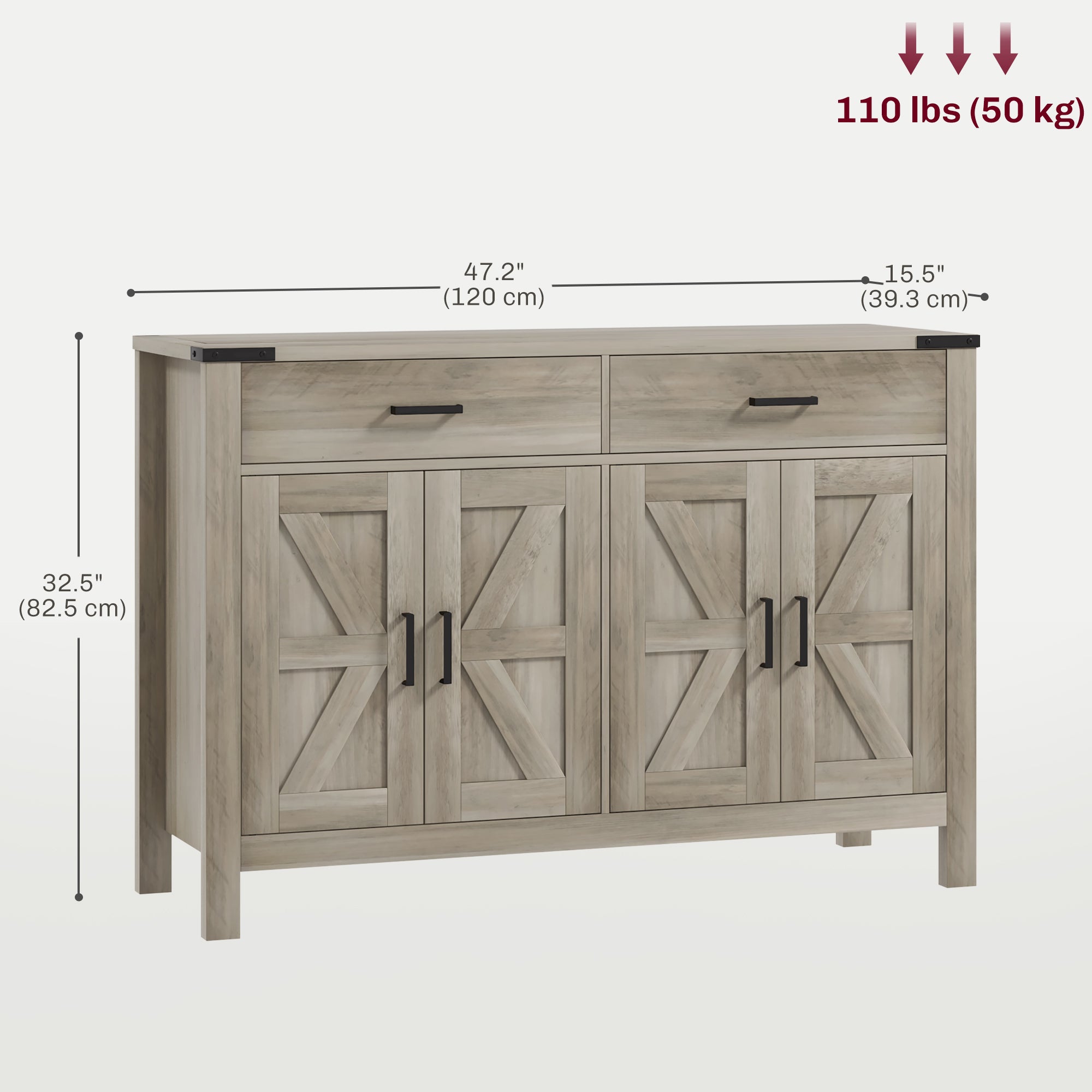 Farmhouse Buffet Cabinet Sideboard with 2 Drawers, 2 Storage Cabinets and Adjustable Shelves, Grey Bar Cabinets   at Gallery Canada