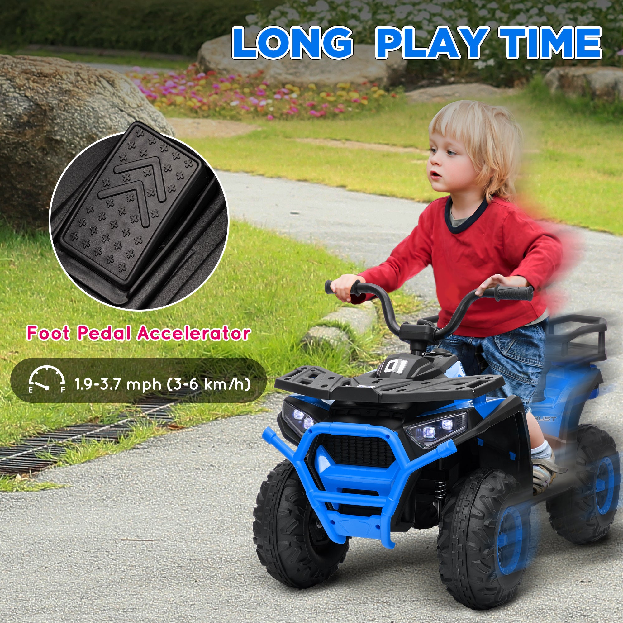 Kids ATV, 12V Battery Powered Electric Ride on Toy w/ Spring Suspension, Storage Basket, High &; Low Speed, Blue Electric Ride On Toys at Gallery Canada