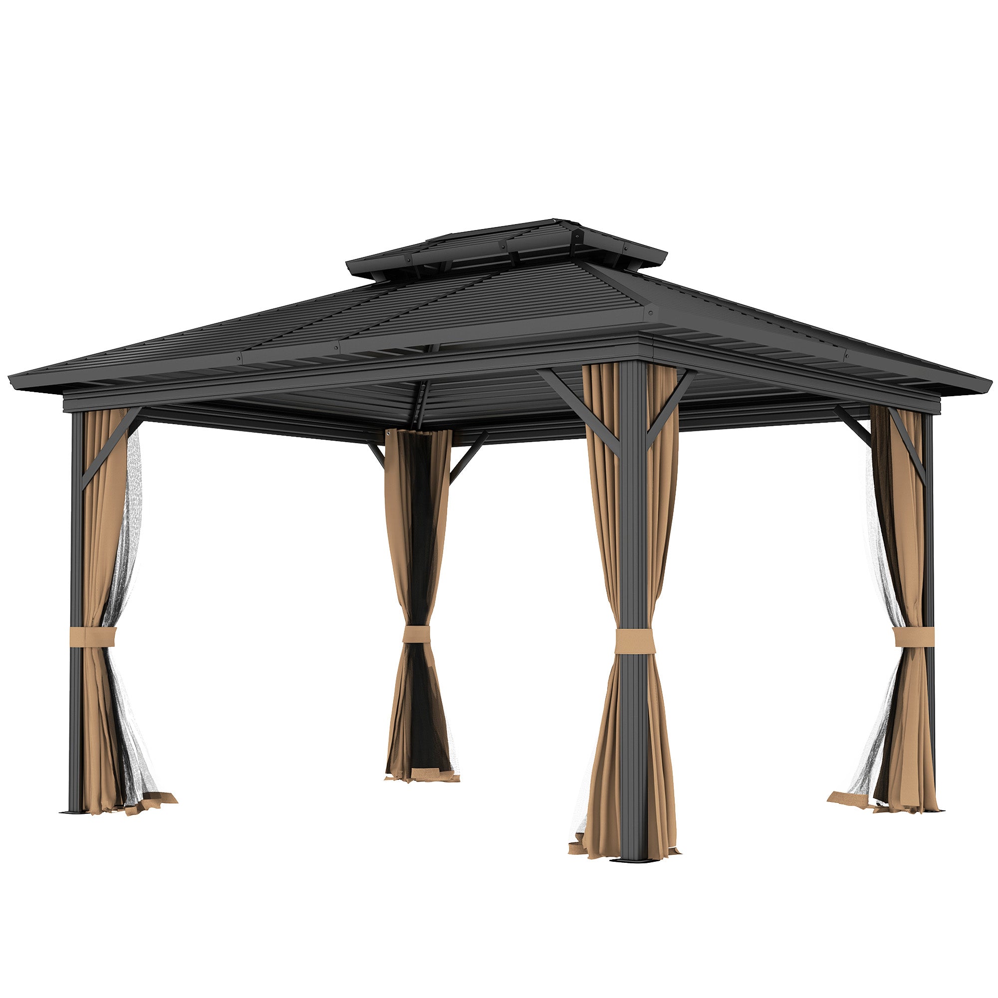 10' x 12' Hardtop Gazebo, Sun Shelter with Double Tier Metal Roof, Mosquito Netting, and Hanging Hook, Dark Brown Gazebos at Gallery Canada