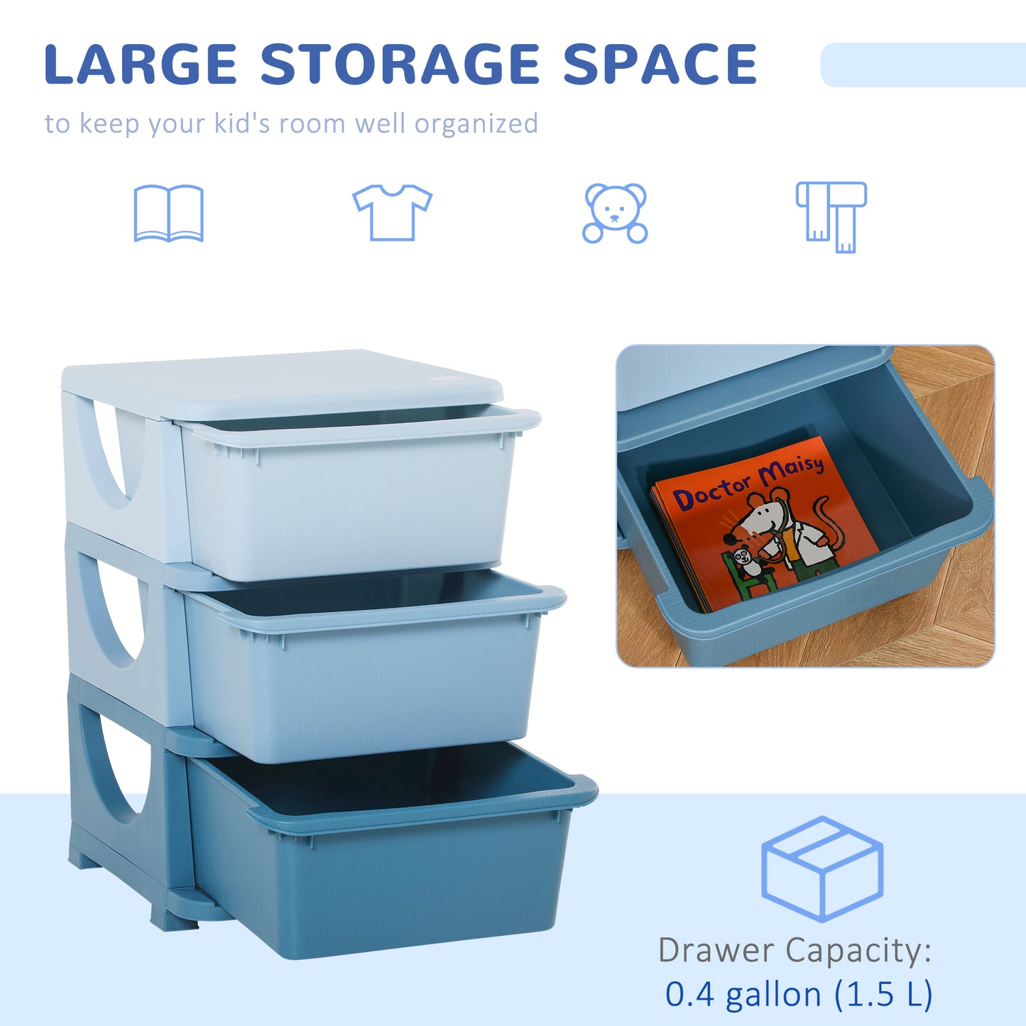 3 Tier Kids Toy Organizer and Storage Bins with 3 Plastic Drawers, Blue Baby & Kids Storage   at Gallery Canada