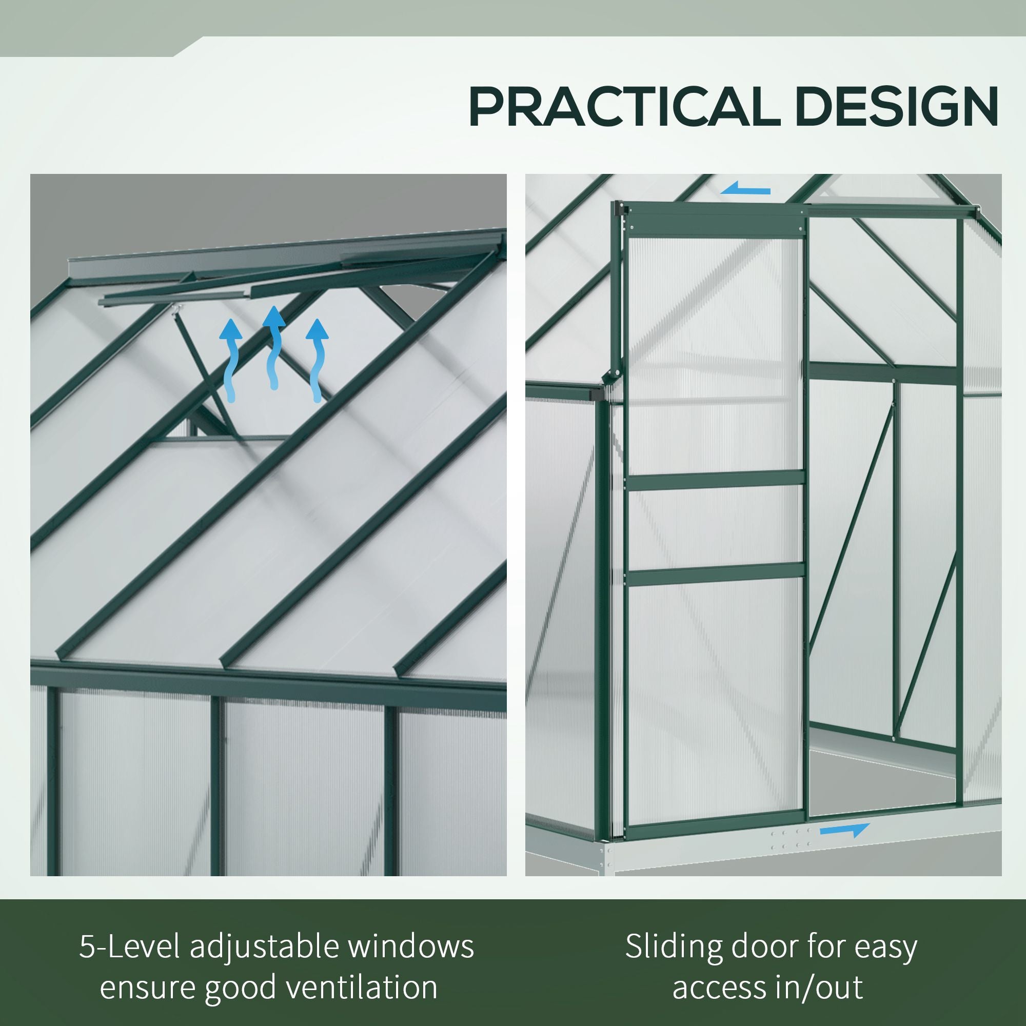 6' x 12' x 6.5' Polycarbonate Greenhouse, Walk-in Green House with Adjustable Roof Vent Galvanized Base Sliding Door Rain Gutter for Outdoor Garden Backyard, Green Walk In Greenhouses at Gallery Canada