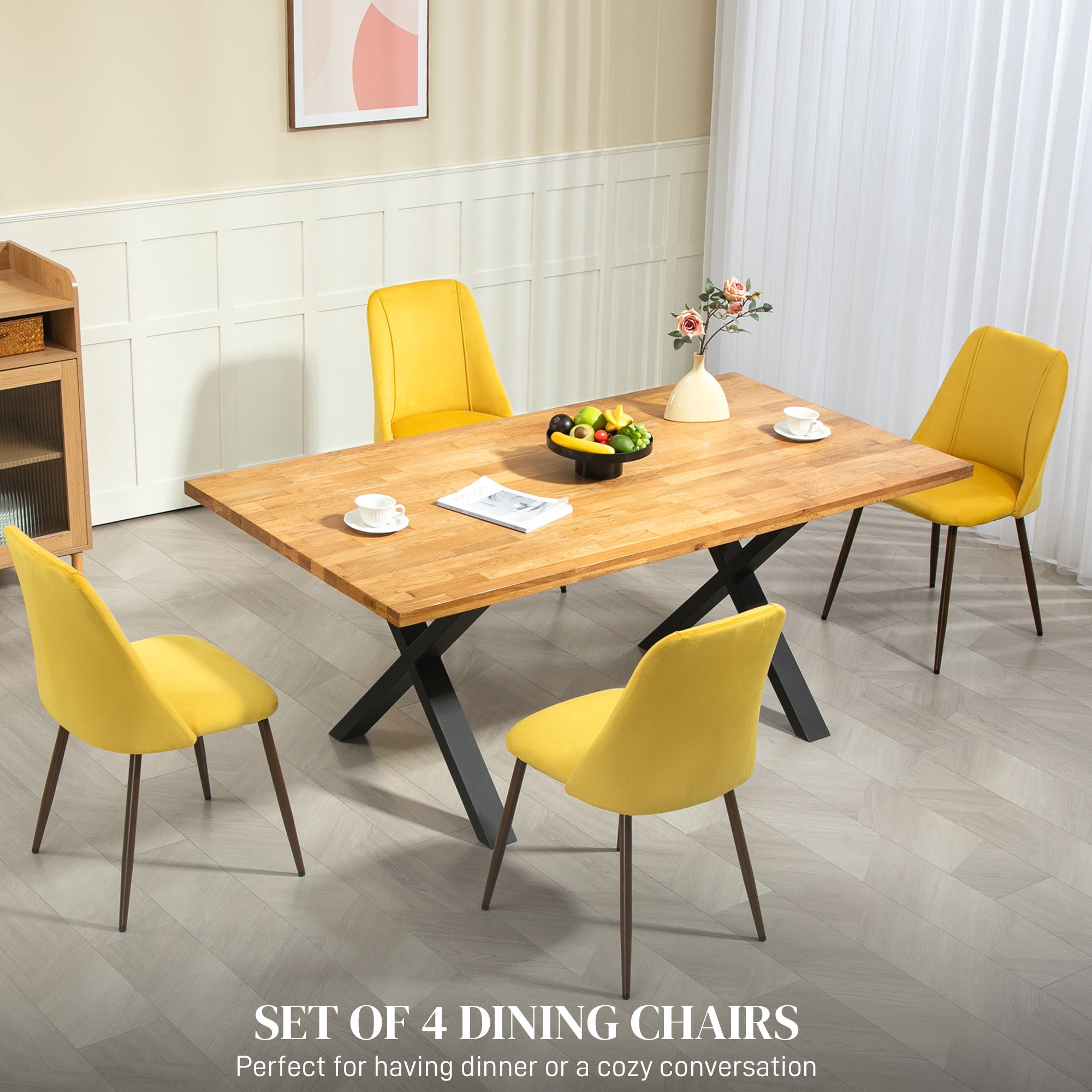 Upholstered Dining Chairs Set of 4, Velvet Accent Chair with Back and Wood-grain Steel Leg for Kitchen, Yellow Dining Chairs at Gallery Canada