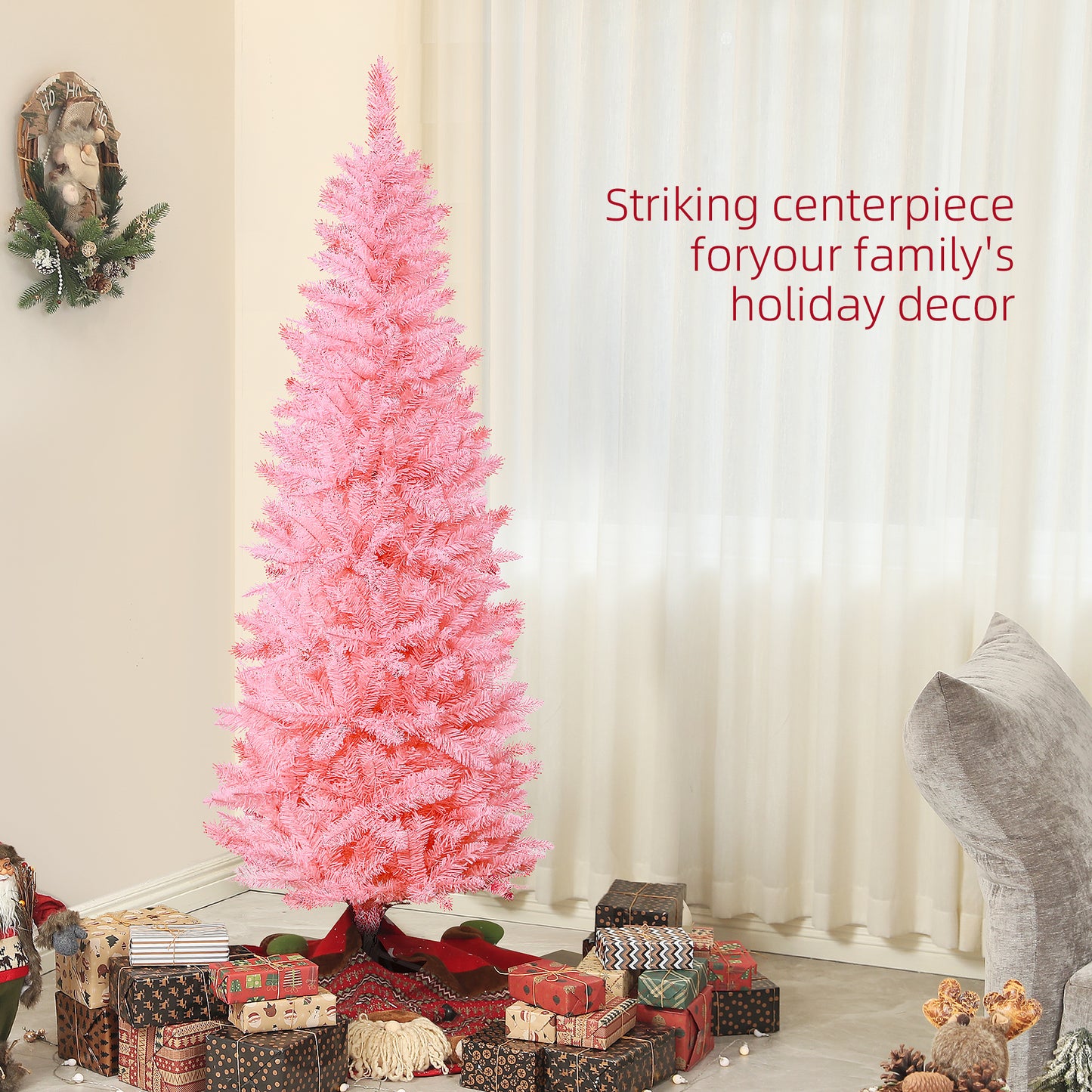 6ft Tall Pencil Artificial Christmas Tree with 479 Branch Tips with Steel Base, Pink Pencil Christmas Trees   at Gallery Canada