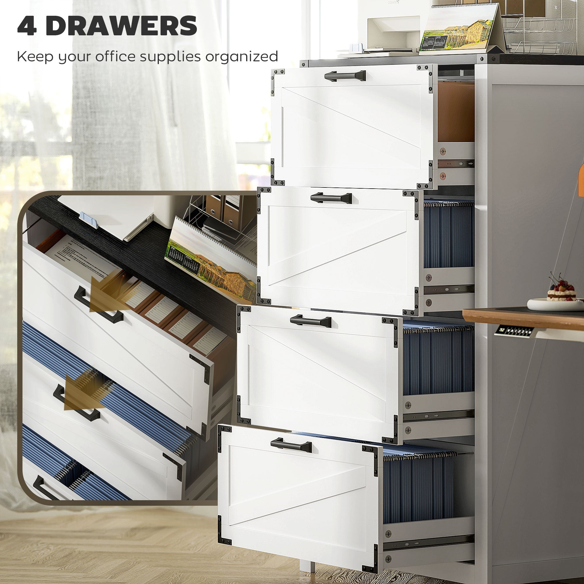 4 Drawer Filing Cabinet, Farmhouse Office Storage Cabinet with Adjustable Hanging Bars for Letter, A4, Legal Size, White Office Cabinets & Cupboards at Gallery Canada